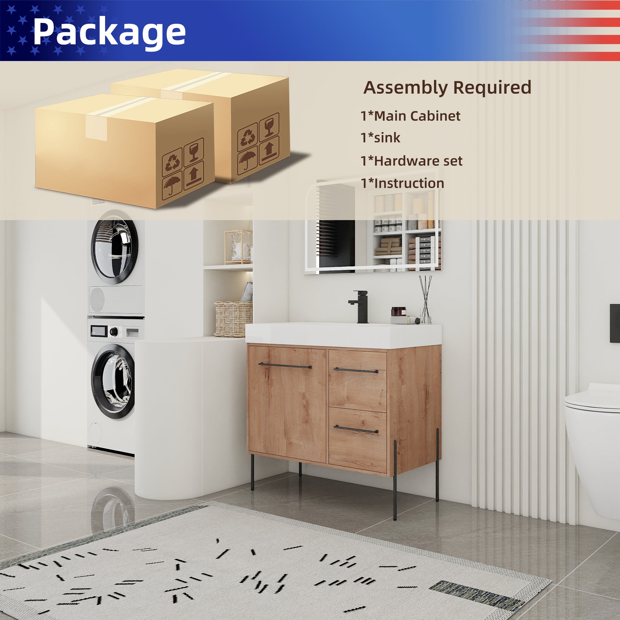 36" Freestanding Bathroom Vanity with White Resin Sink, 2 Drawers, Soft-Close