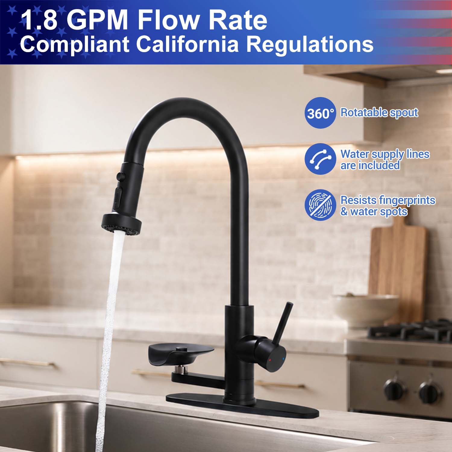 3-in-1 Kitchen Faucet with Pull-Down Sprayer, Press-Type Glass Rinser, 3 Spray Modes and High-Arc Spout