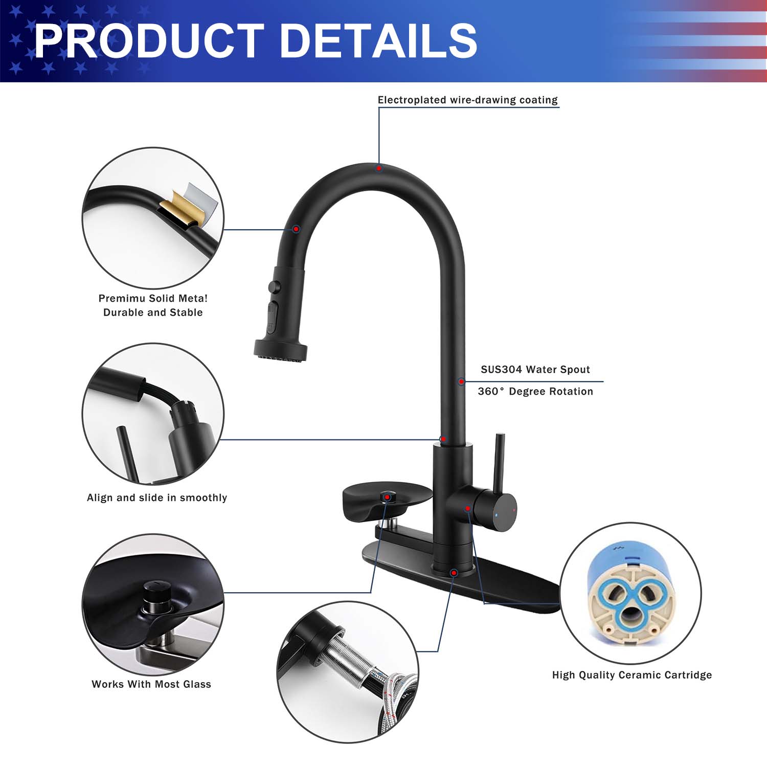 3-in-1 Kitchen Faucet with Pull-Down Sprayer, Press-Type Glass Rinser, 3 Spray Modes and High-Arc Spout