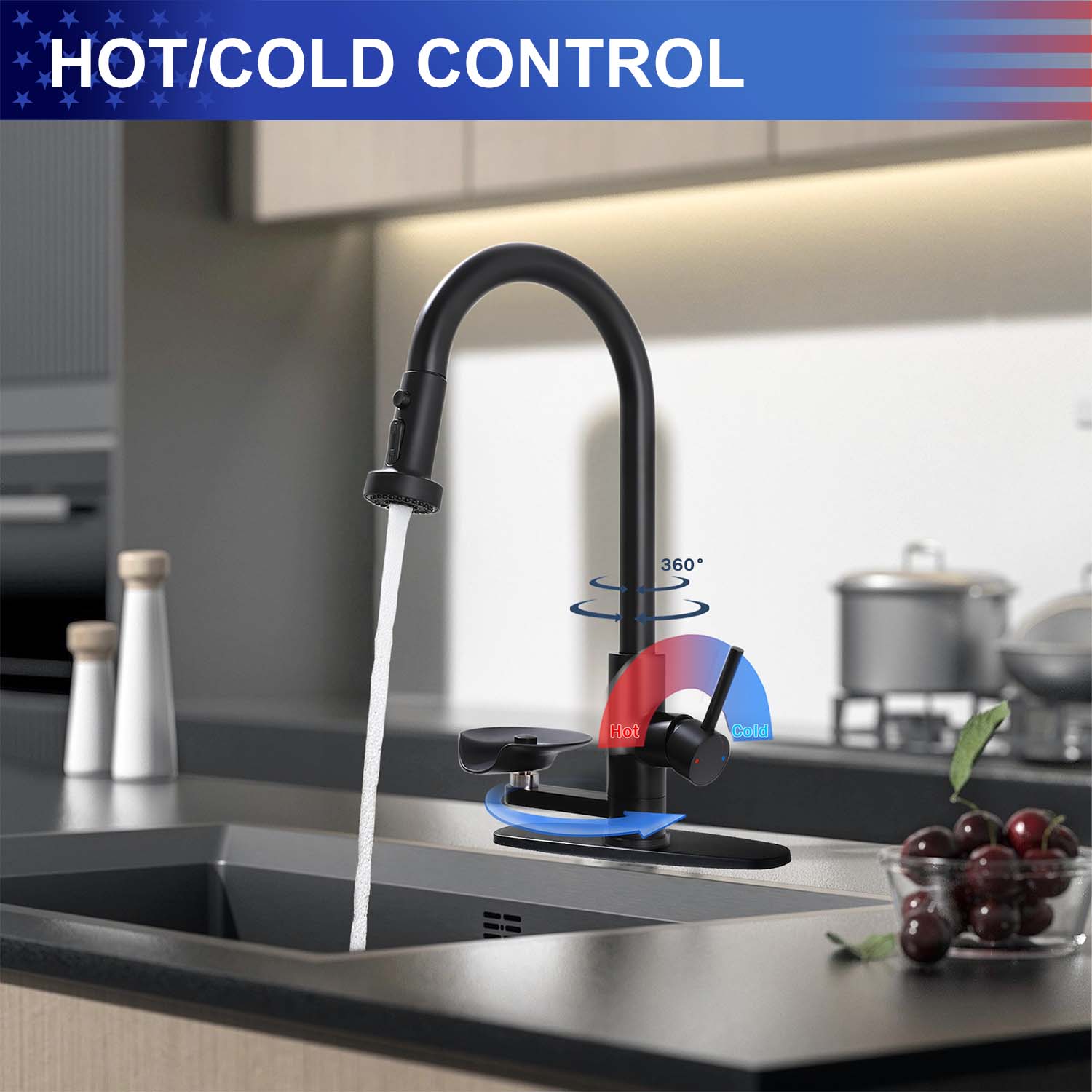 3-in-1 Kitchen Faucet with Pull-Down Sprayer, Press-Type Glass Rinser, 3 Spray Modes and High-Arc Spout