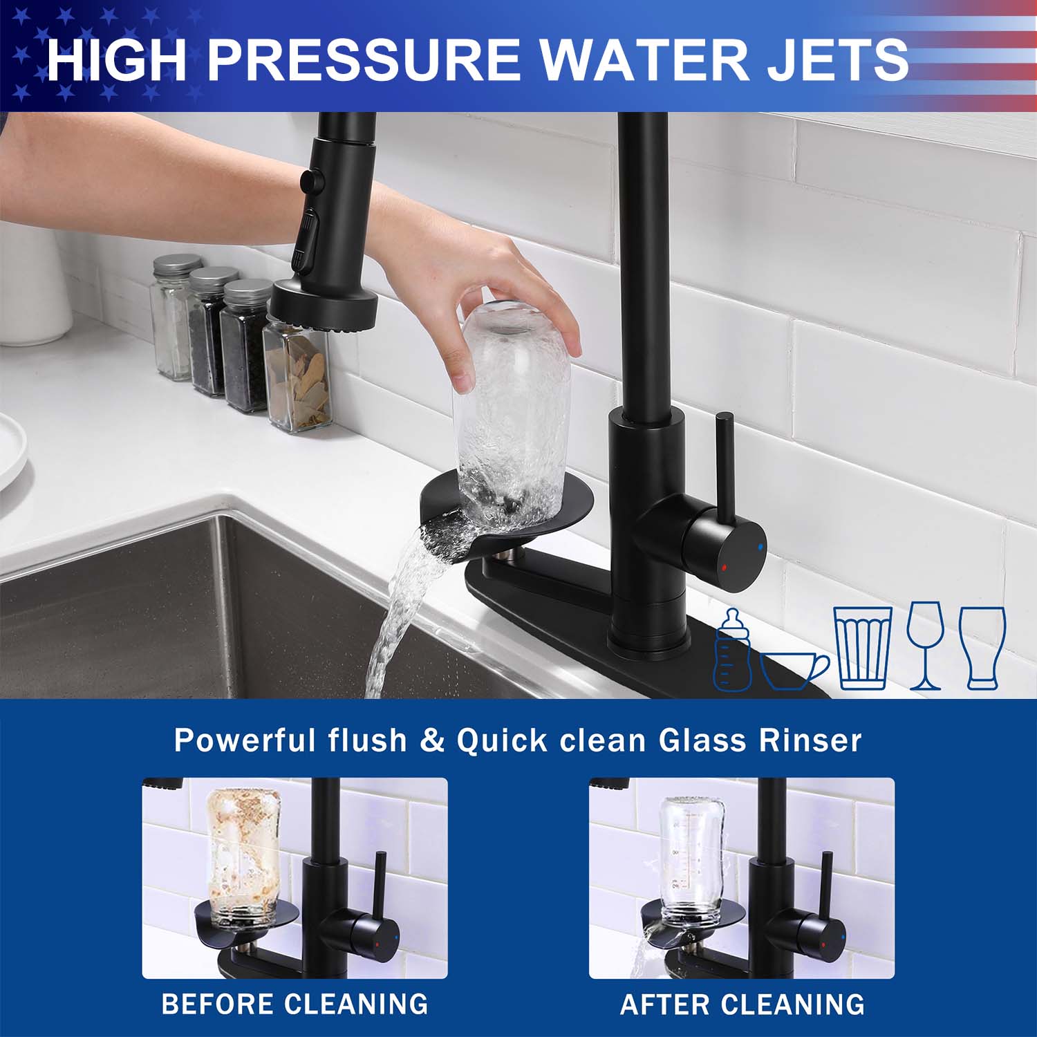 3-in-1 Kitchen Faucet with Pull-Down Sprayer, Press-Type Glass Rinser, 3 Spray Modes and High-Arc Spout