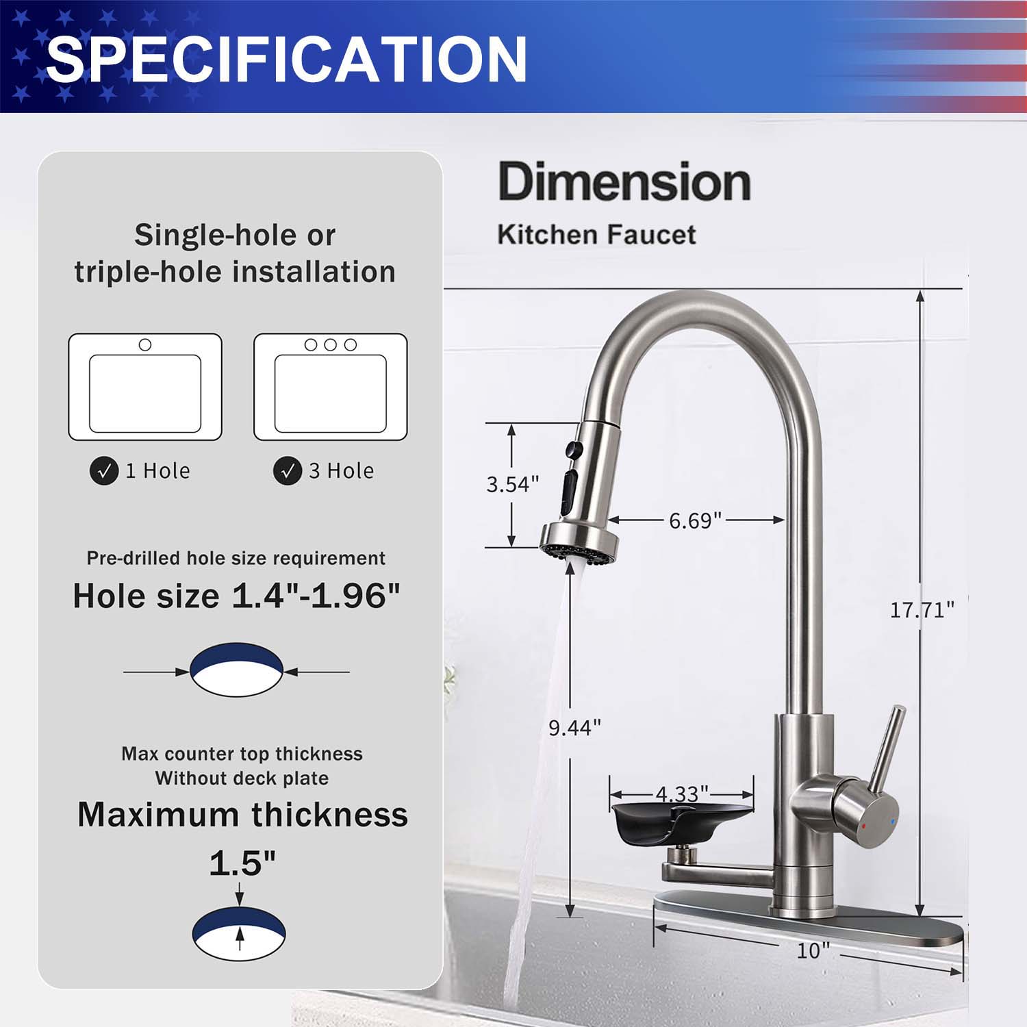 3-in-1 Kitchen Faucet with Pull-Down Sprayer, Press-Type Glass Rinser, 3 Spray Modes and High-Arc Spout