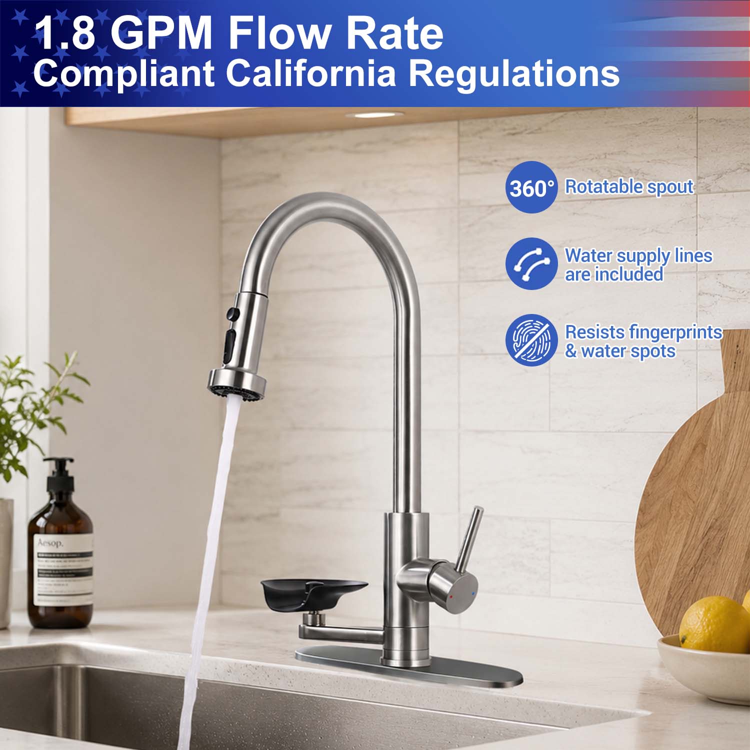3-in-1 Kitchen Faucet with Pull-Down Sprayer, Press-Type Glass Rinser, 3 Spray Modes and High-Arc Spout