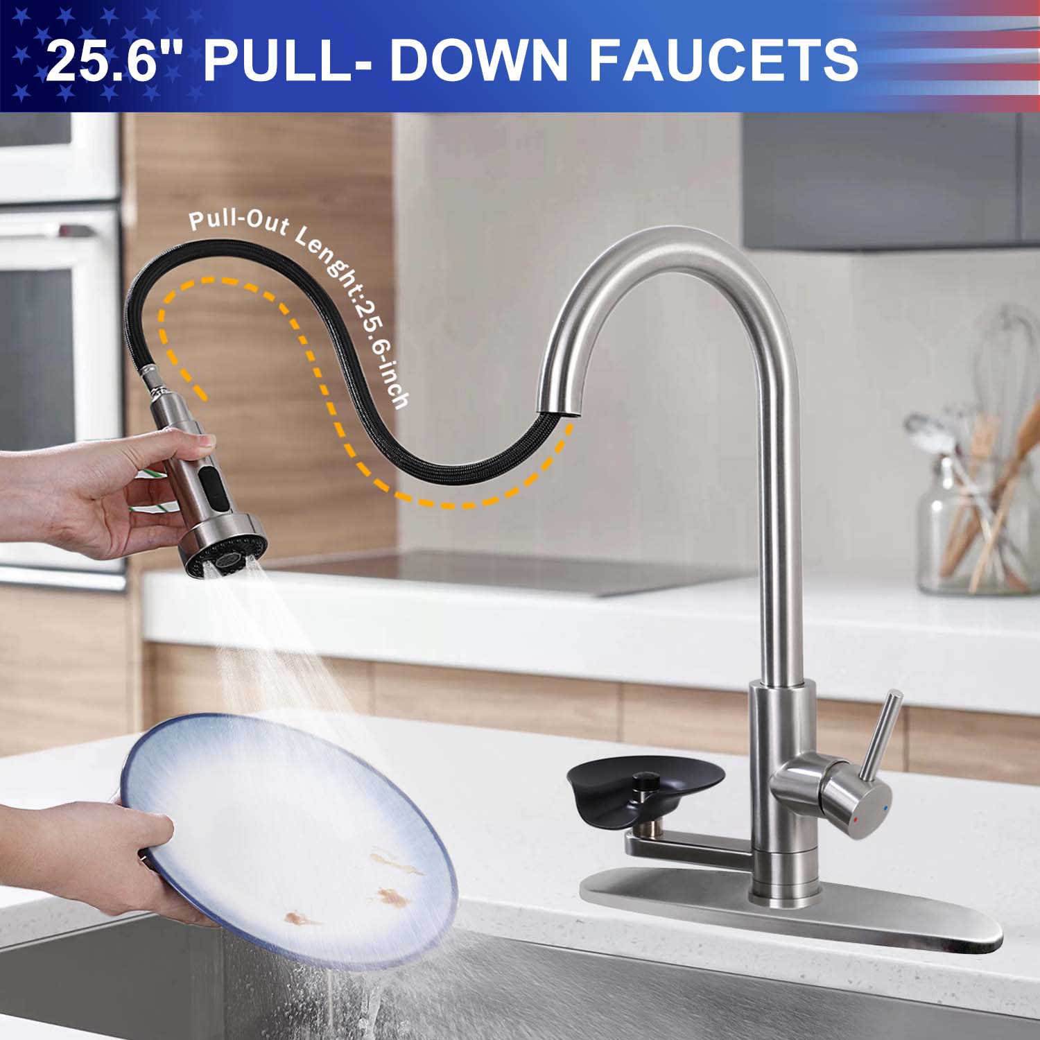 3-in-1 Kitchen Faucet with Pull-Down Sprayer, Press-Type Glass Rinser, 3 Spray Modes and High-Arc Spout