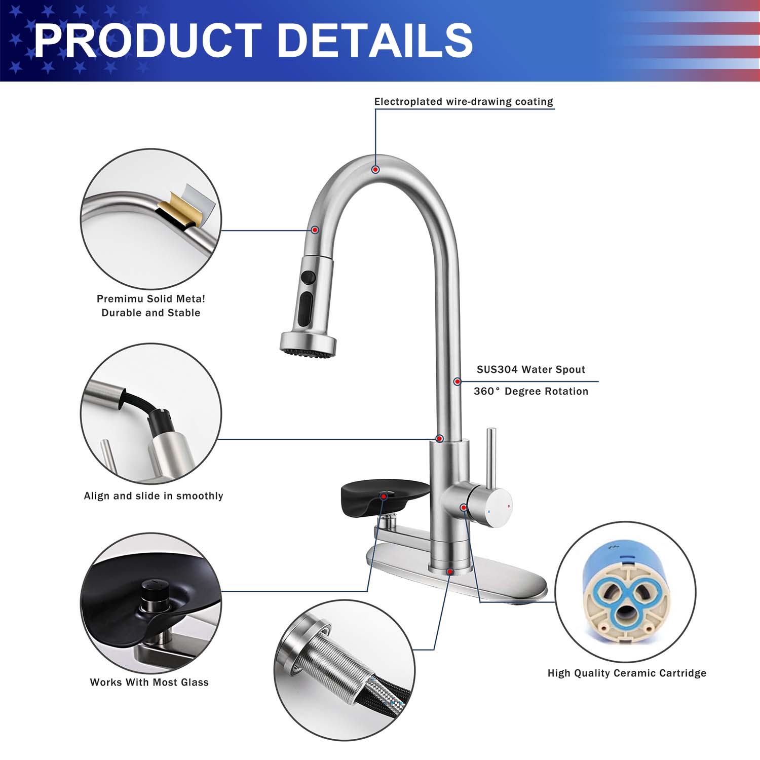 3-in-1 Kitchen Faucet with Pull-Down Sprayer, Press-Type Glass Rinser, 3 Spray Modes and High-Arc Spout