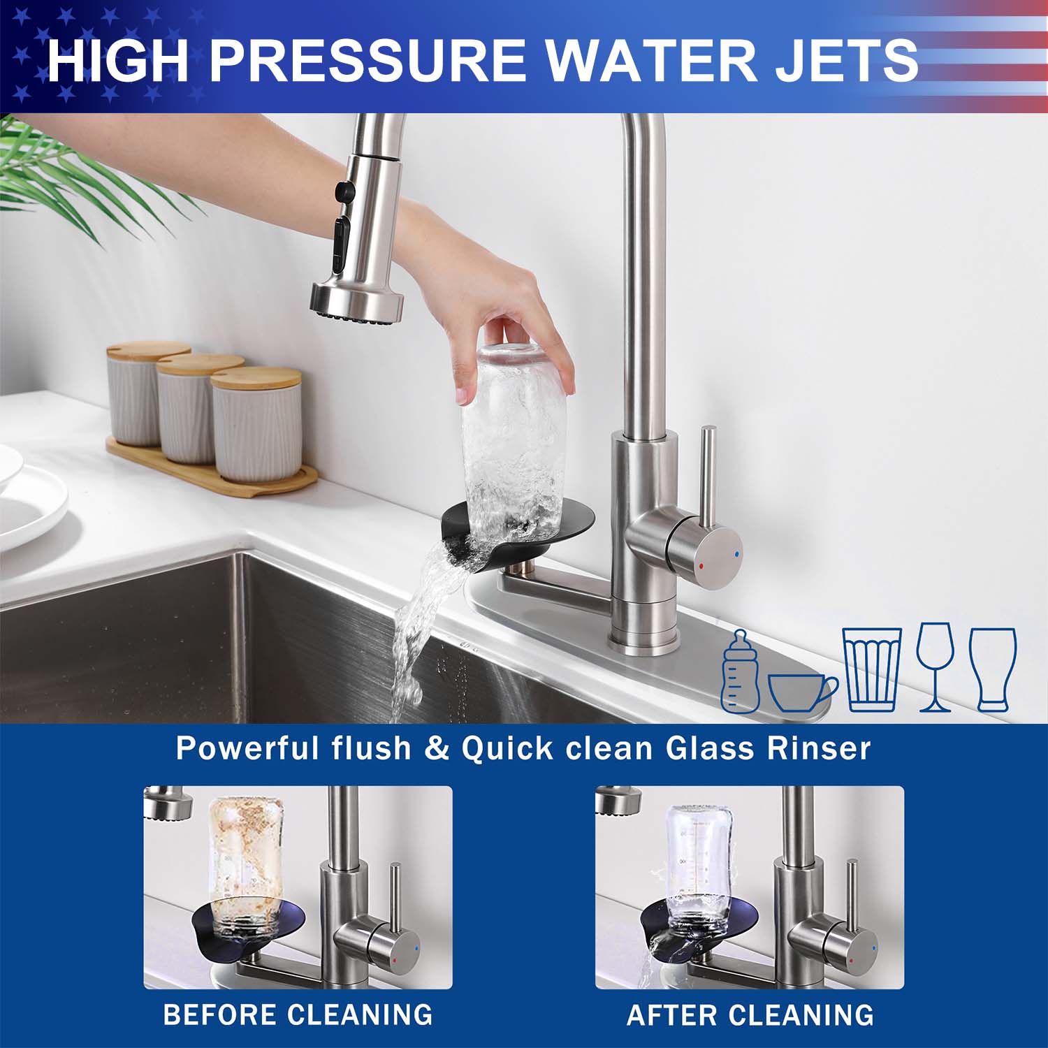 3-in-1 Kitchen Faucet with Pull-Down Sprayer, Press-Type Glass Rinser, 3 Spray Modes and High-Arc Spout