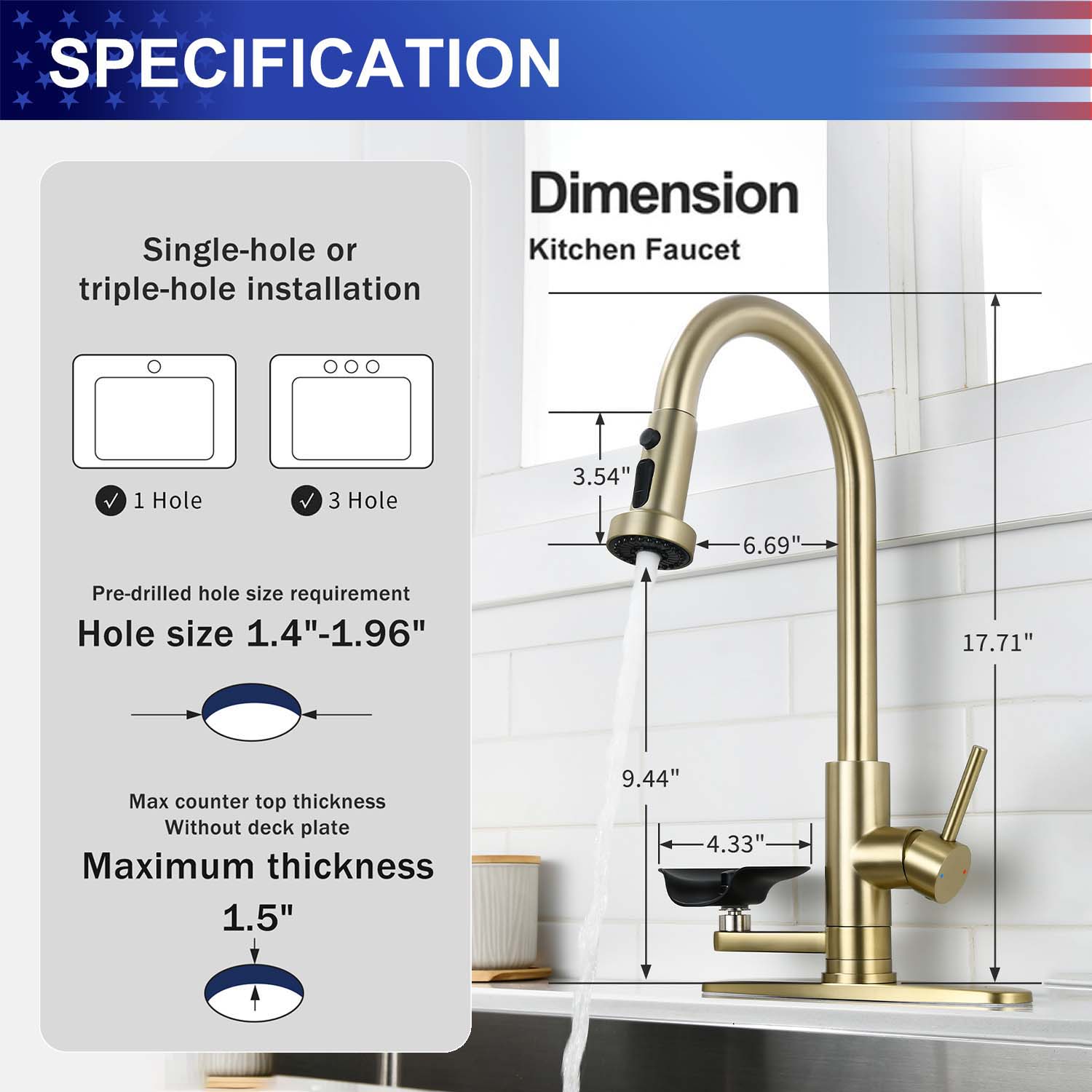 3-in-1 Kitchen Faucet with Pull-Down Sprayer, Press-Type Glass Rinser, 3 Spray Modes and High-Arc Spout