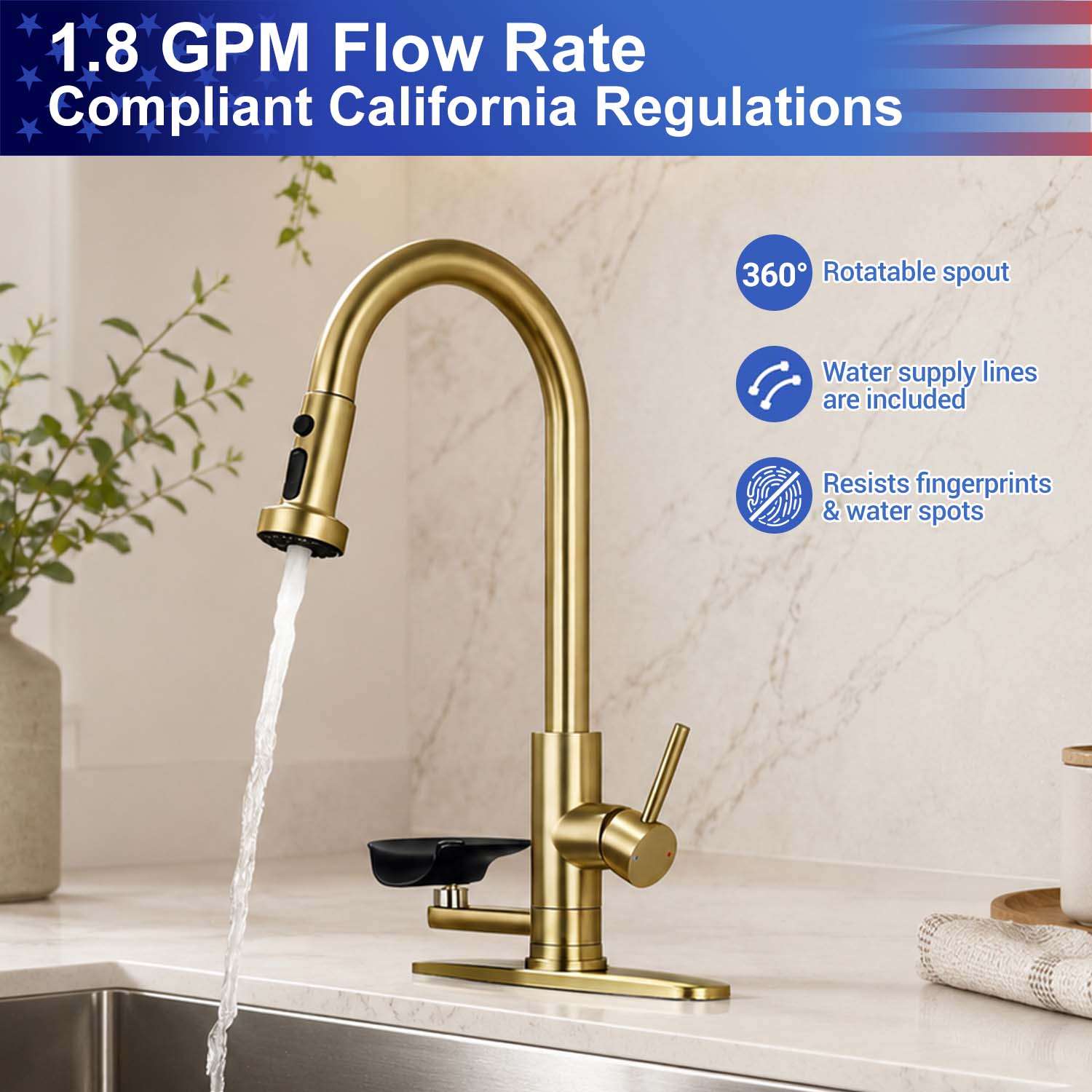 3-in-1 Kitchen Faucet with Pull-Down Sprayer, Press-Type Glass Rinser, 3 Spray Modes and High-Arc Spout