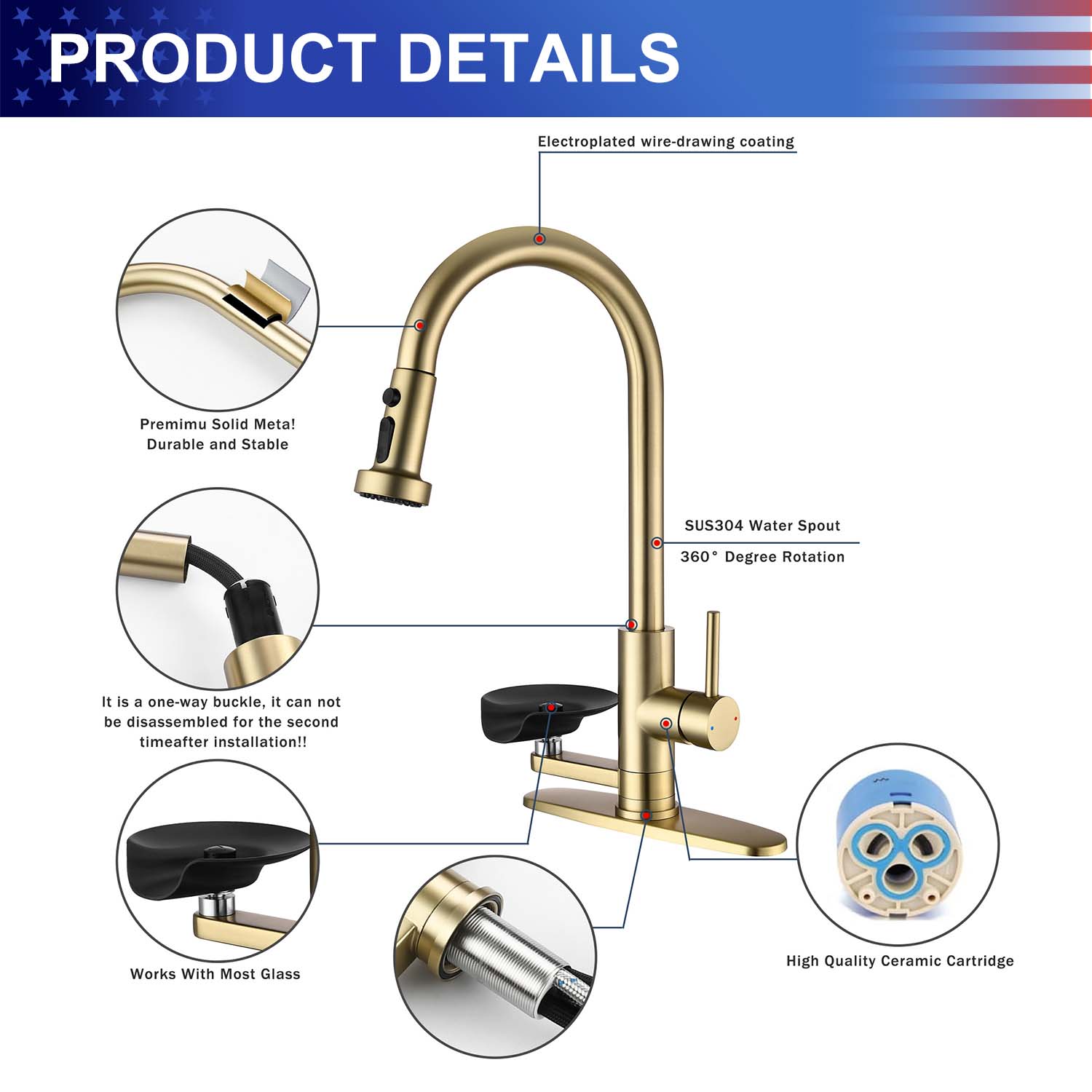 3-in-1 Kitchen Faucet with Pull-Down Sprayer, Press-Type Glass Rinser, 3 Spray Modes and High-Arc Spout