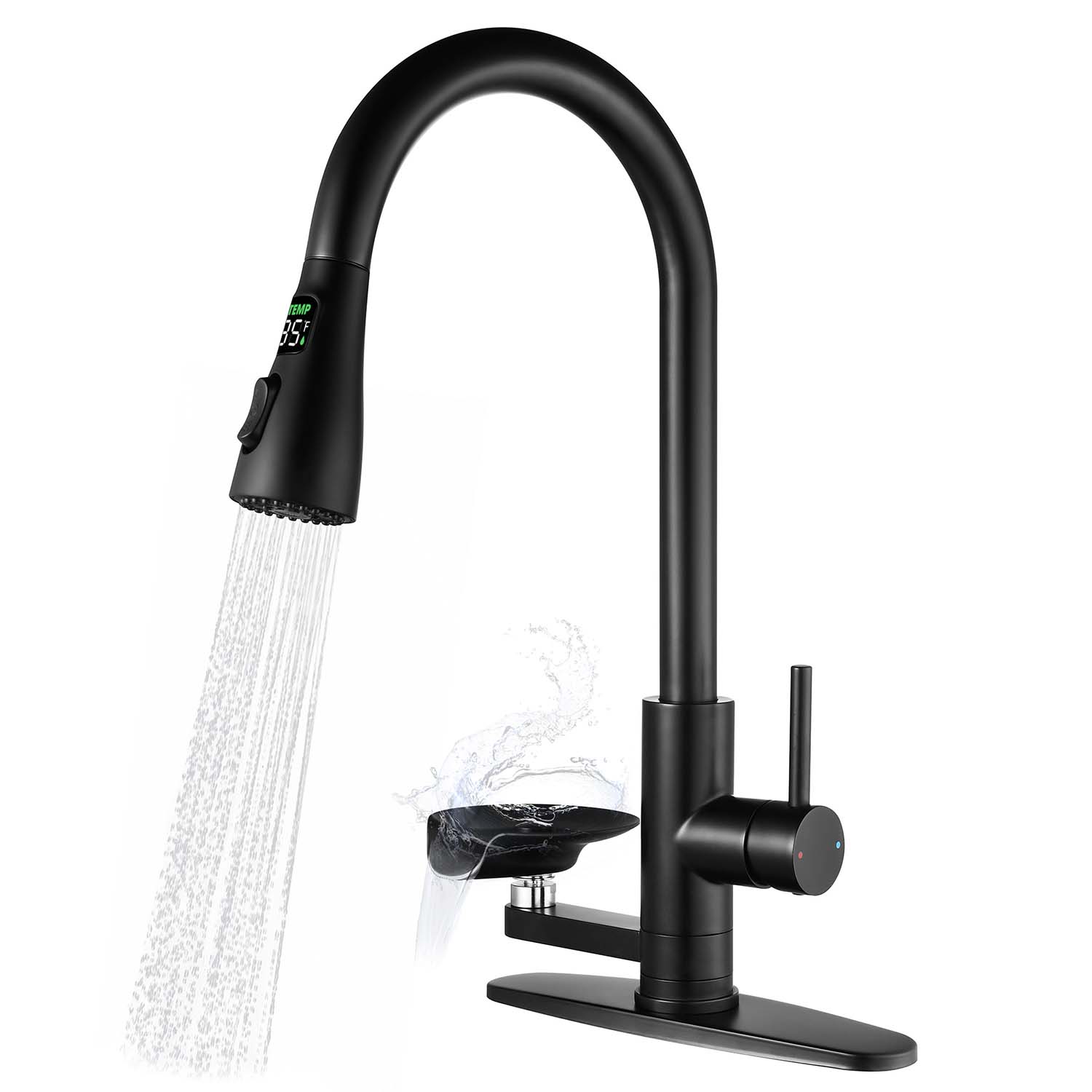 3-in-1 Kitchen Faucet with 3-Color LED Temperature Display, Pull-Down Sprayer, Press-Type Glass Rinser and 3 Spray Modes