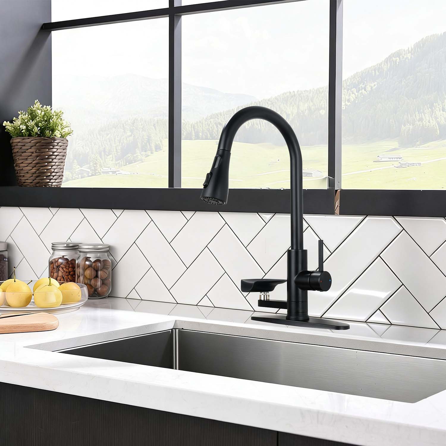 3-in-1 Kitchen Faucet with 3-Color LED Temperature Display, Pull-Down Sprayer, Press-Type Glass Rinser and 3 Spray Modes