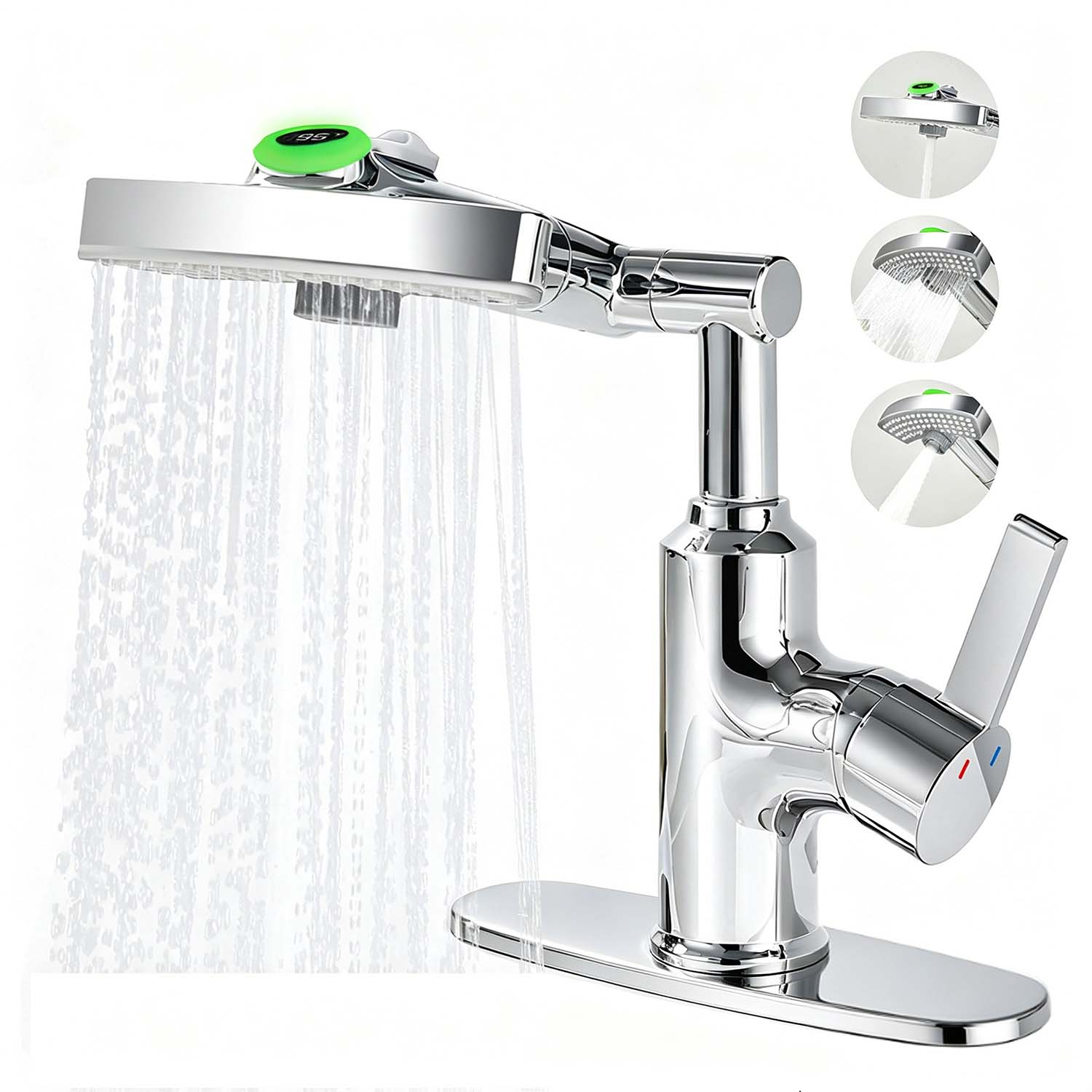 Chrome Bathroom Faucet with LED Temperature Display, 3 Water Modes, 360° Rotating Spout, Single Handle and Deck Plate