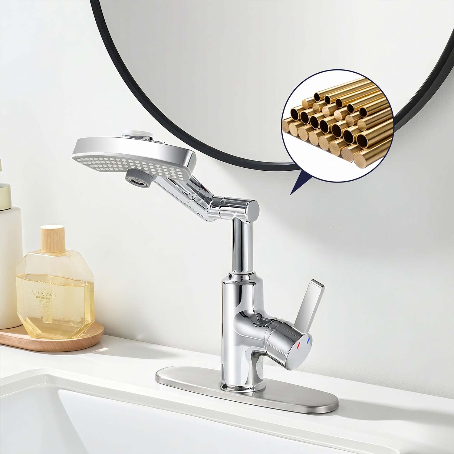 Chrome Bathroom Faucet with LED Temperature Display, 3 Water Modes, 360° Rotating Spout, Single Handle and Deck Plate