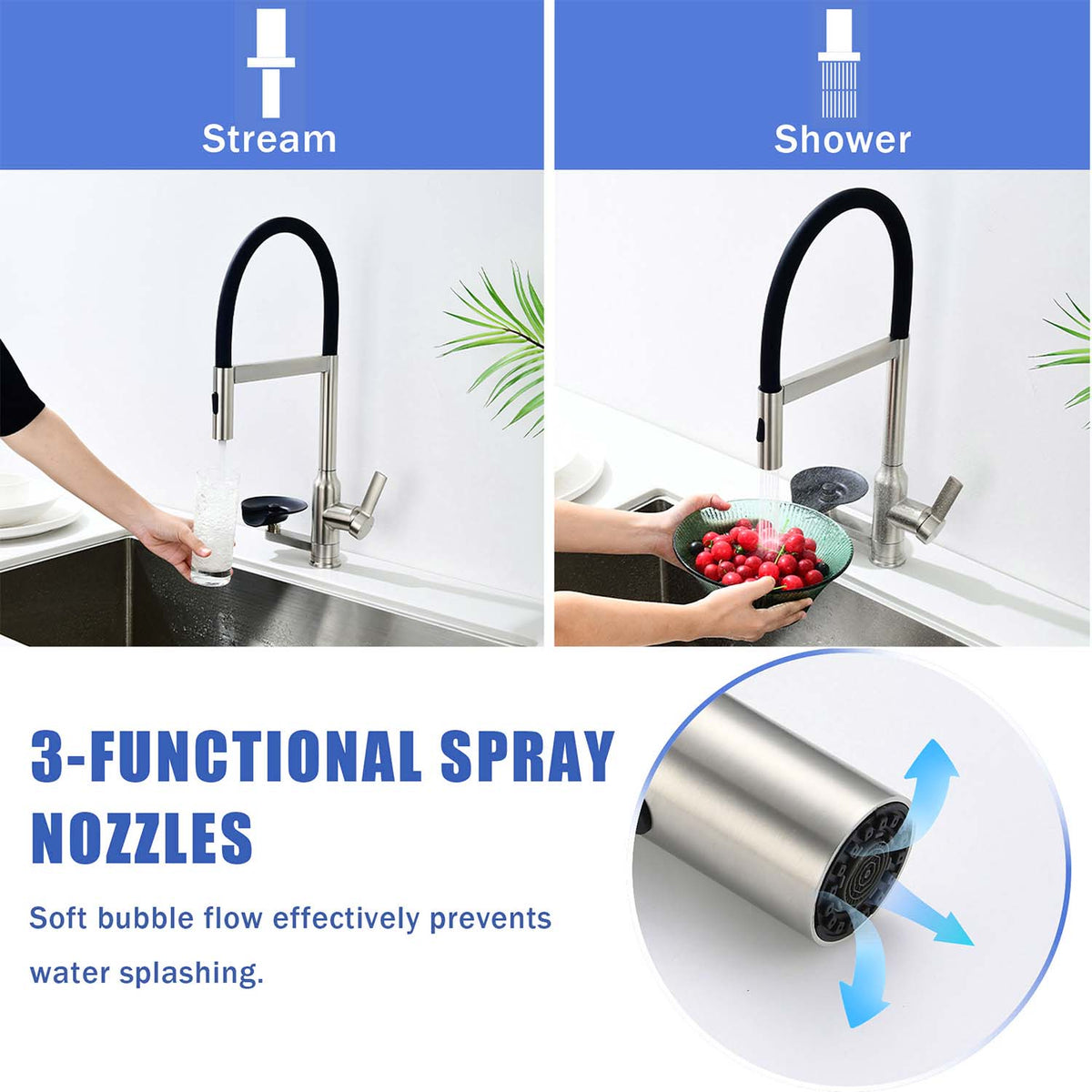 RAINLEX Brushed Nickel Kitchen Faucet with Magnetic Pull-Down Sprayer, 2 Spray Modes