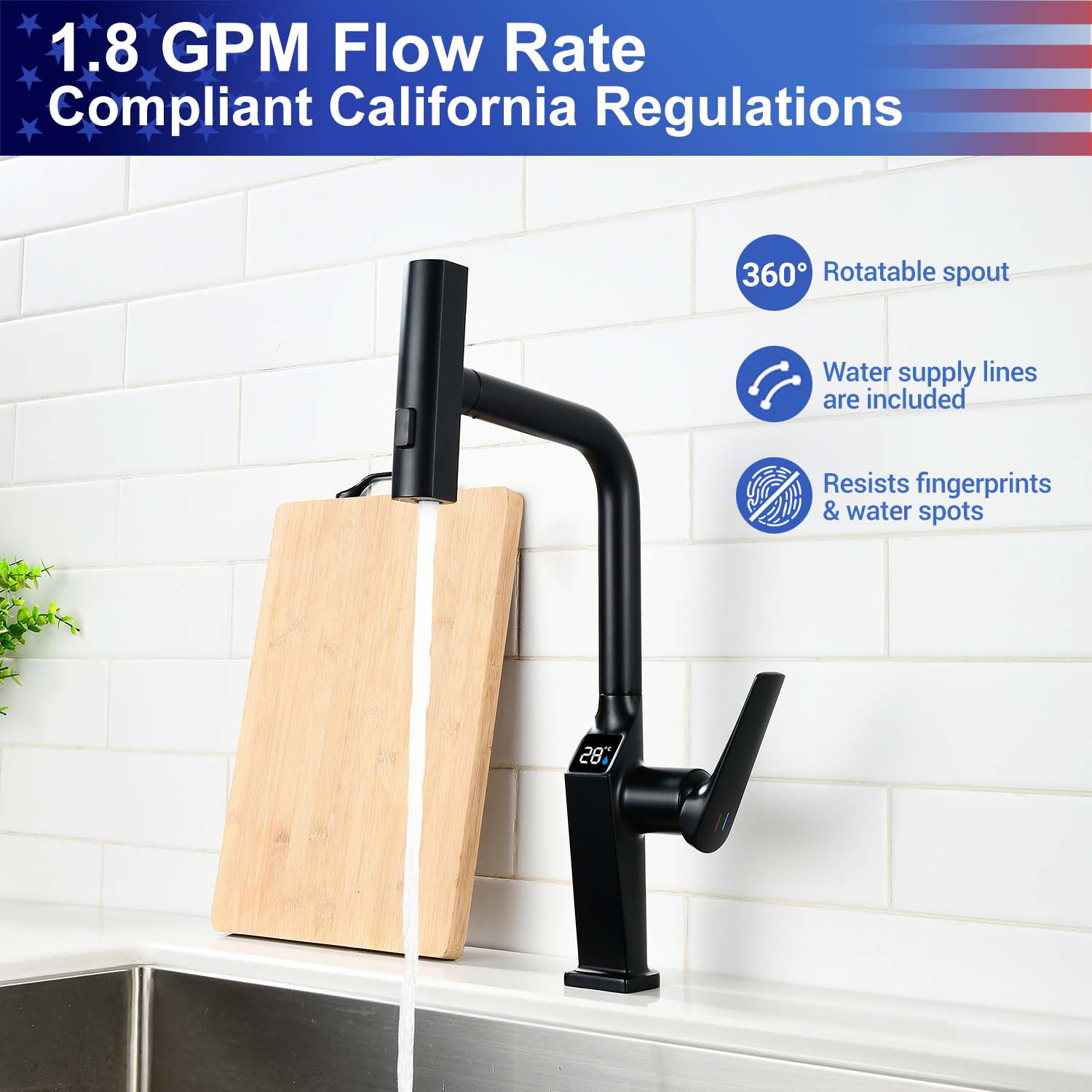 Touchless Kitchen Faucet with LED Temperature Display, Motion Sensor, 3-Function Pull-Out Sprayer and 360° Swivel Spout