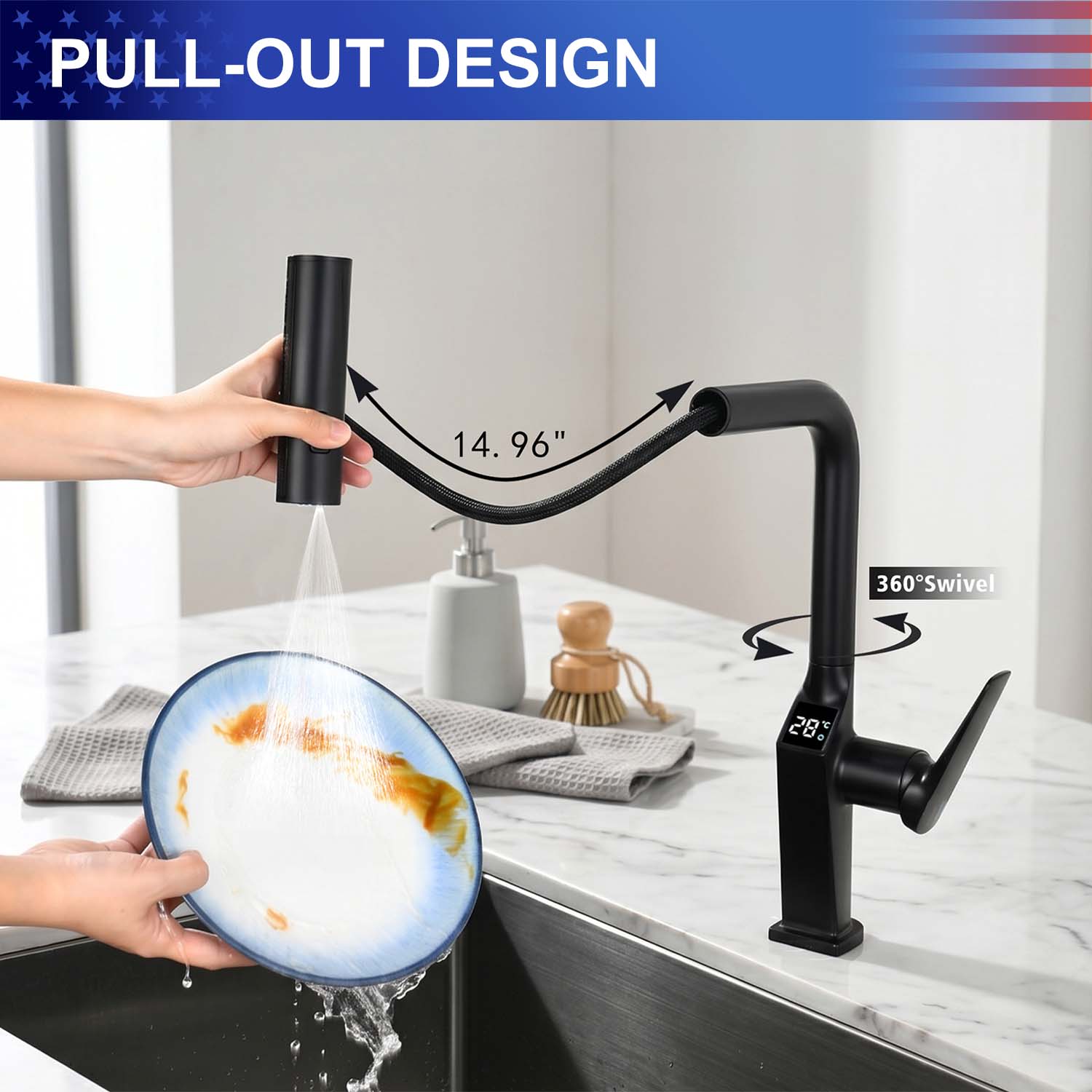 Touchless Kitchen Faucet with LED Temperature Display, Motion Sensor, 3-Function Pull-Out Sprayer and 360° Swivel Spout