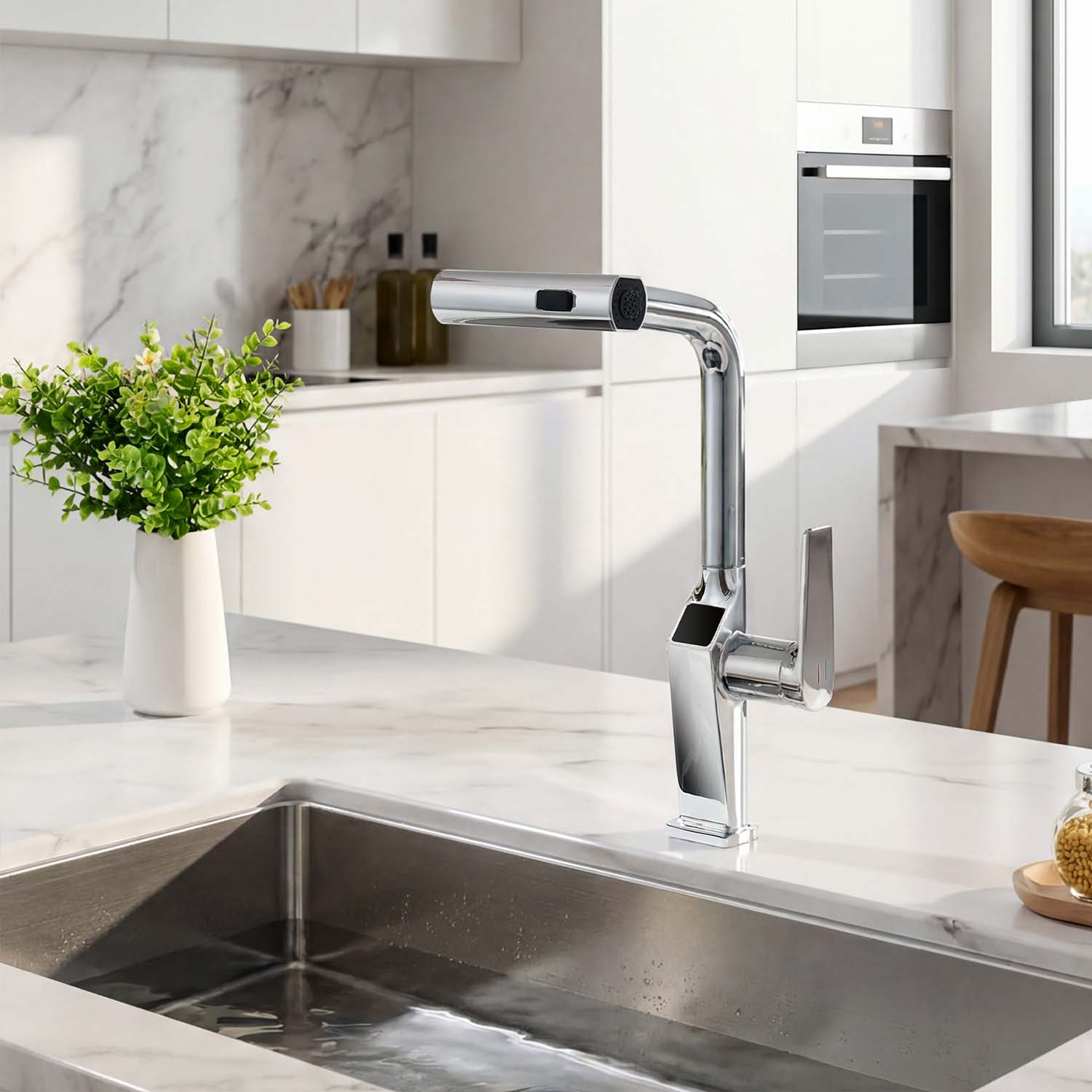 Touchless Kitchen Faucet with LED Temperature Display, Motion Sensor, 3-Function Pull-Out Sprayer and 360° Swivel Spout