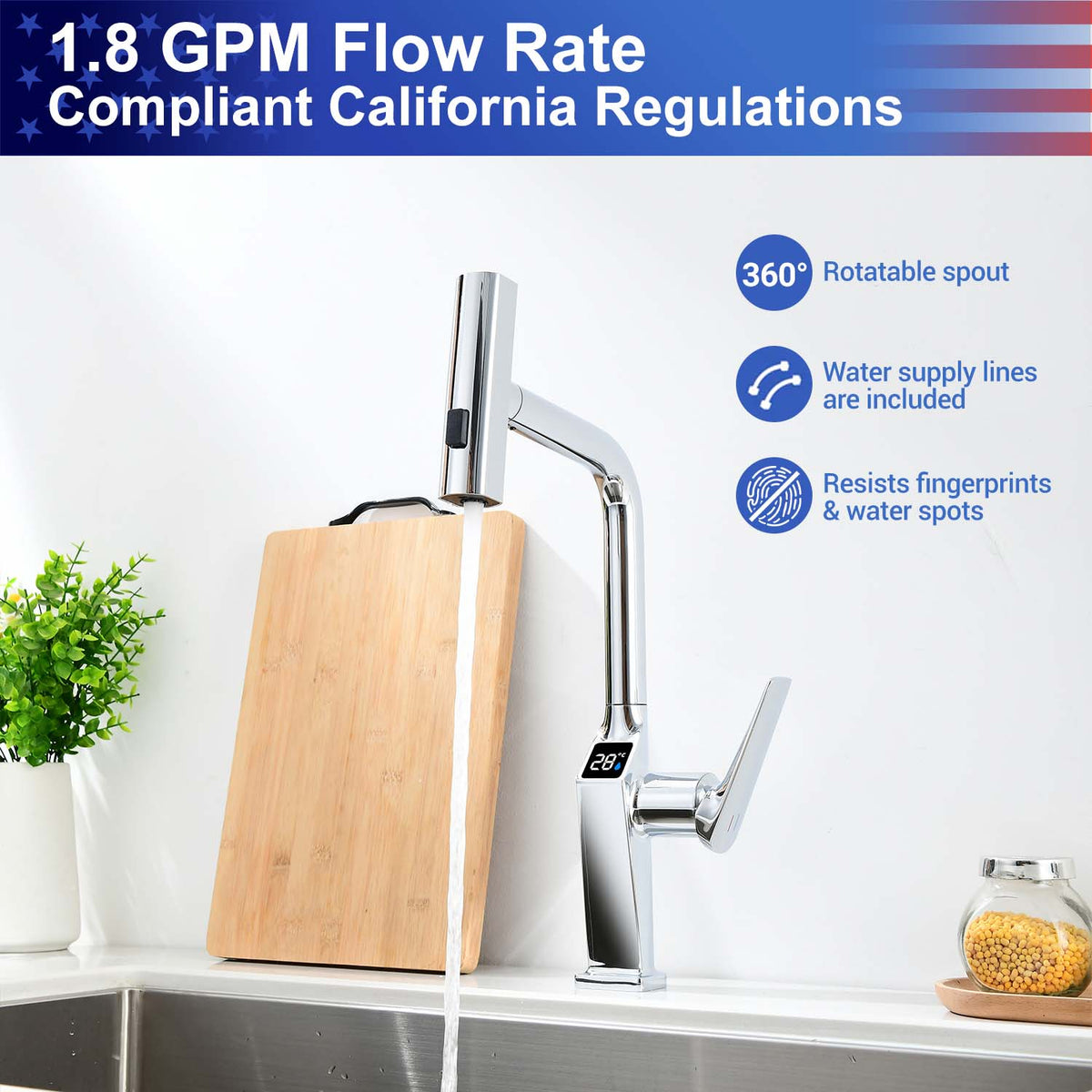 Touchless Kitchen Faucet with LED Temperature Display, Motion Sensor, 3-Function Pull-Out Sprayer and 360° Swivel Spout