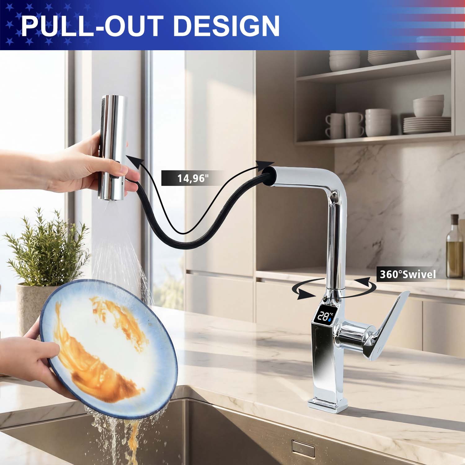 Touchless Kitchen Faucet with LED Temperature Display, Motion Sensor, 3-Function Pull-Out Sprayer and 360° Swivel Spout