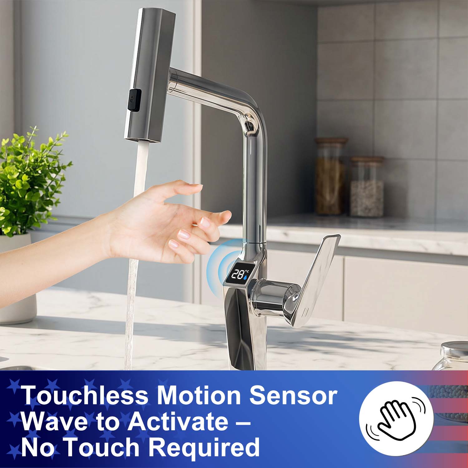 Touchless Kitchen Faucet with LED Temperature Display, Motion Sensor, 3-Function Pull-Out Sprayer and 360° Swivel Spout