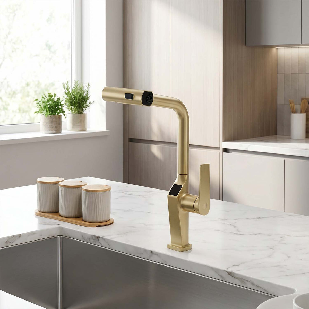 Touchless Kitchen Faucet with LED Temperature Display, Motion Sensor, 3-Function Pull-Out Sprayer and 360° Swivel Spout