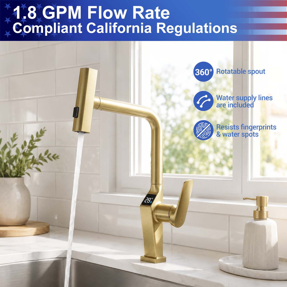 Touchless Kitchen Faucet with LED Temperature Display, Motion Sensor, 3-Function Pull-Out Sprayer and 360° Swivel Spout