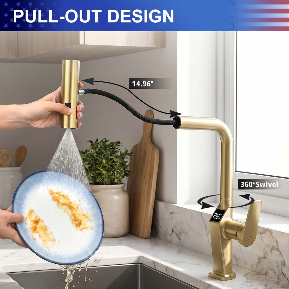 Touchless Kitchen Faucet with LED Temperature Display, Motion Sensor, 3-Function Pull-Out Sprayer and 360° Swivel Spout