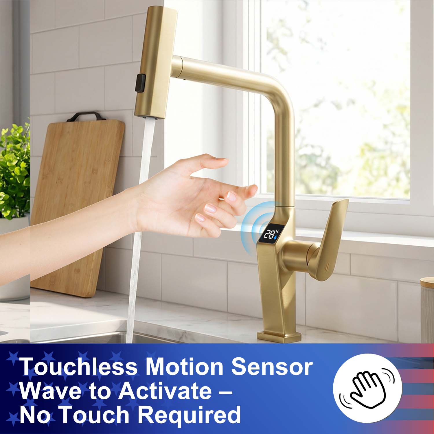 Touchless Kitchen Faucet with LED Temperature Display, Motion Sensor, 3-Function Pull-Out Sprayer and 360° Swivel Spout