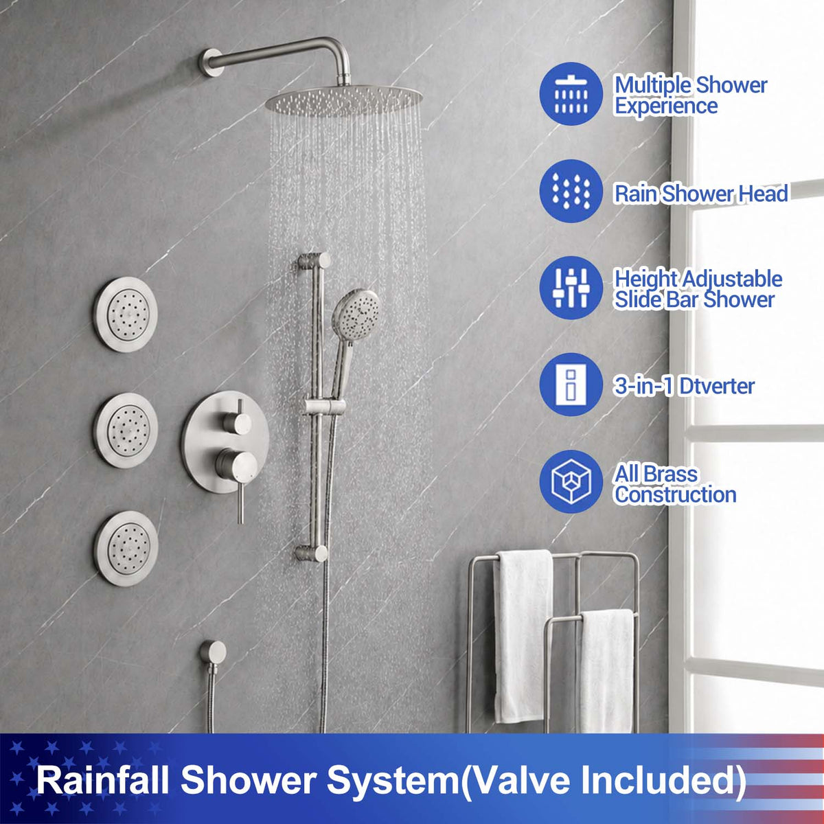 RAINLEX Wall-Mounted Rain Shower System with Pressure-Balancing Valve, Hand Shower, Slide Bar