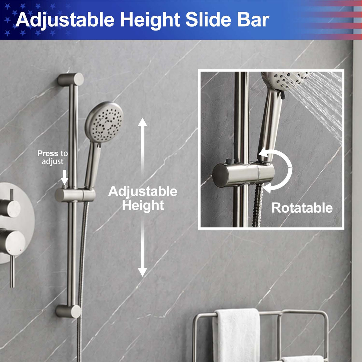 RAINLEX Wall-Mounted Rain Shower System with Pressure-Balancing Valve, Hand Shower, Slide Bar