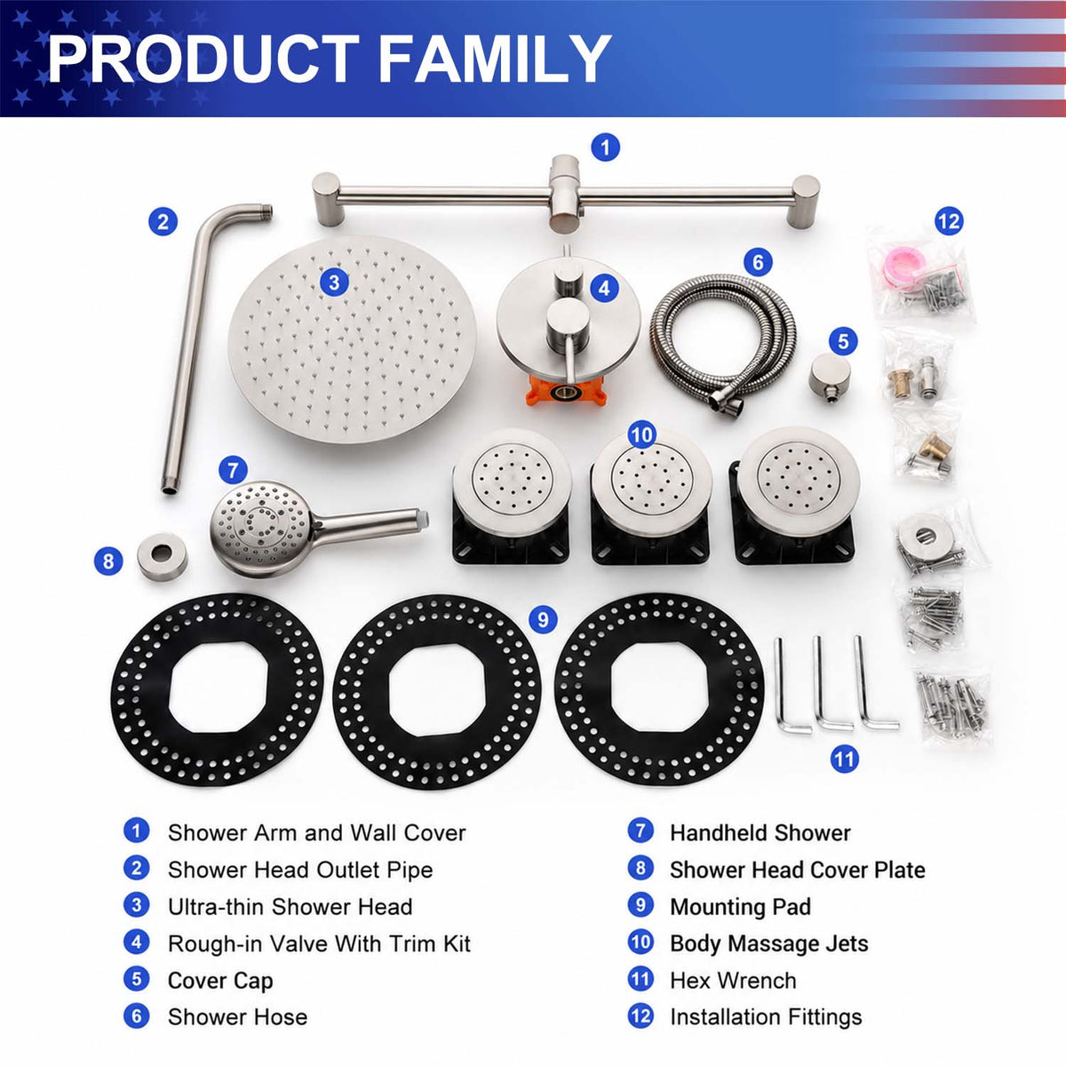 RAINLEX Wall-Mounted Rain Shower System with Pressure-Balancing Valve, Hand Shower, Slide Bar