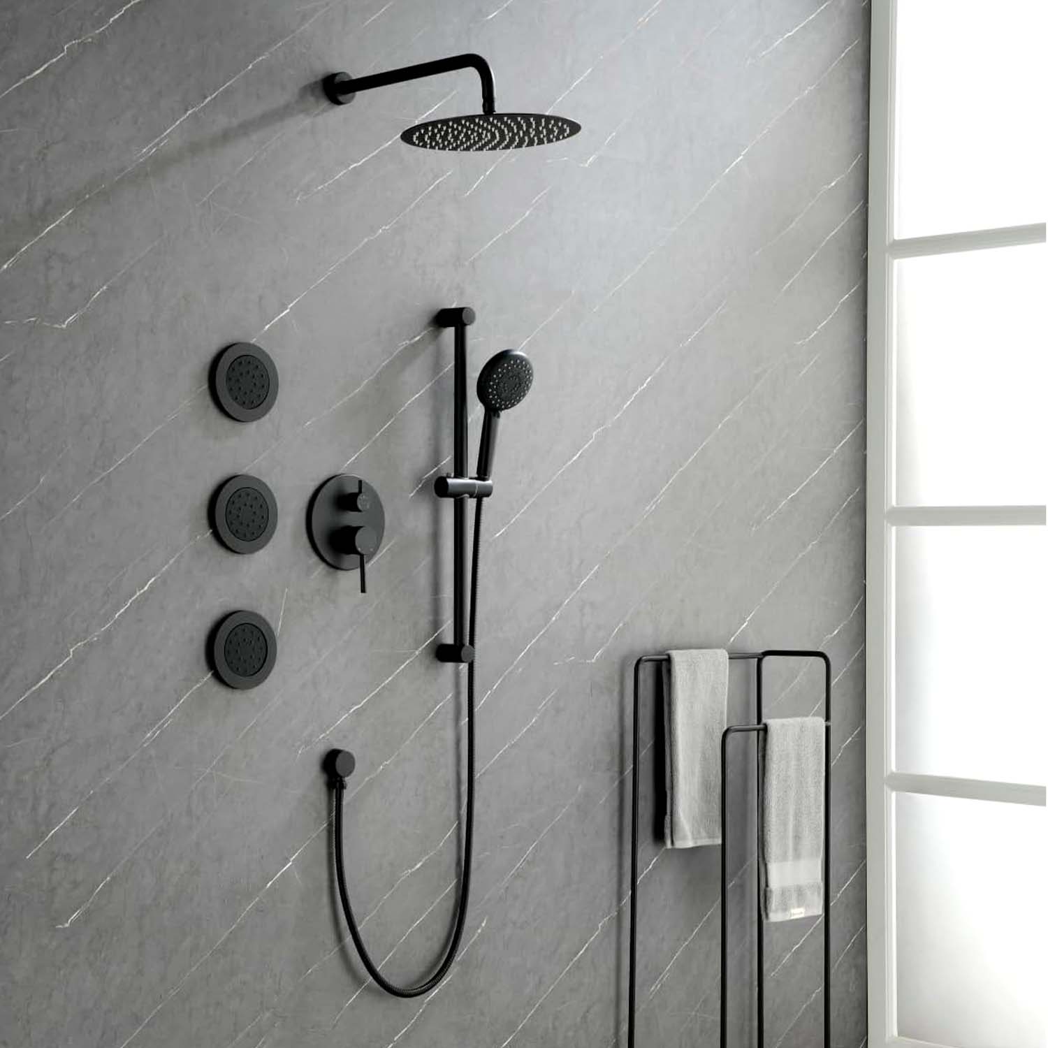 Wall-Mounted Rain Shower System with Pressure-Balancing Valve, Hand Shower, Slide Bar, Body Sprays and SUS304 Shower Head