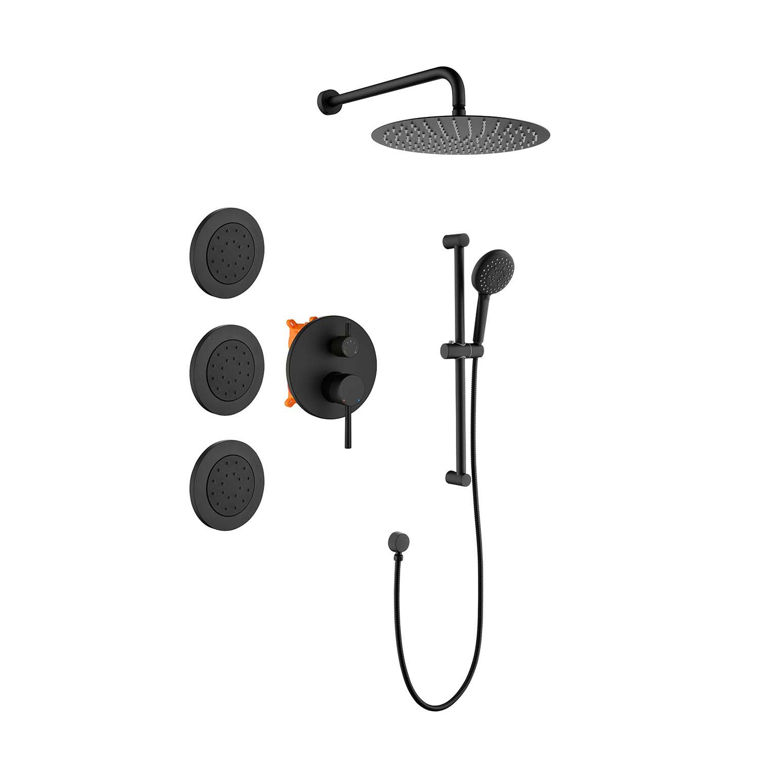 Wall-Mounted Rain Shower System with Pressure-Balancing Valve, Hand Shower, Slide Bar, Body Sprays and SUS304 Shower Head