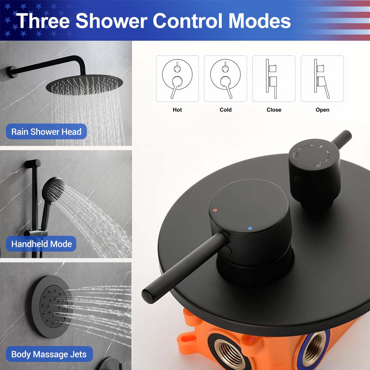 RAINLEX Wall-Mounted Rain Shower System with Pressure-Balancing Valve, Hand Shower, Slide Bar