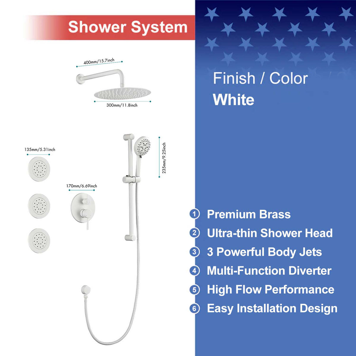 RAINLEX Wall-Mounted Rain Shower System with Pressure-Balancing Valve, Hand Shower, Slide Bar