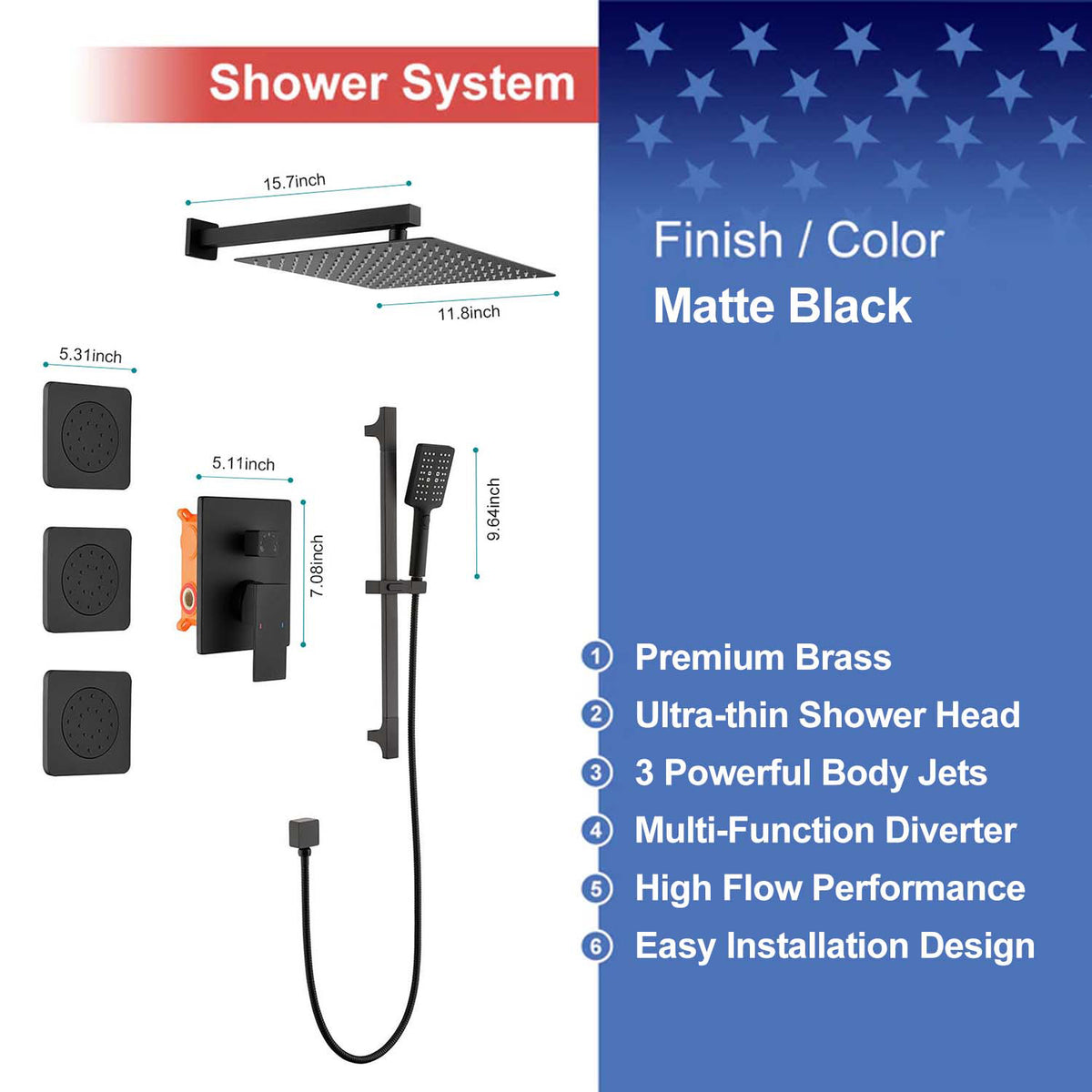 RAINLEX Wall-Mounted Rain Shower System with SUS304 Shower Head, Hand Shower, Slide Bar