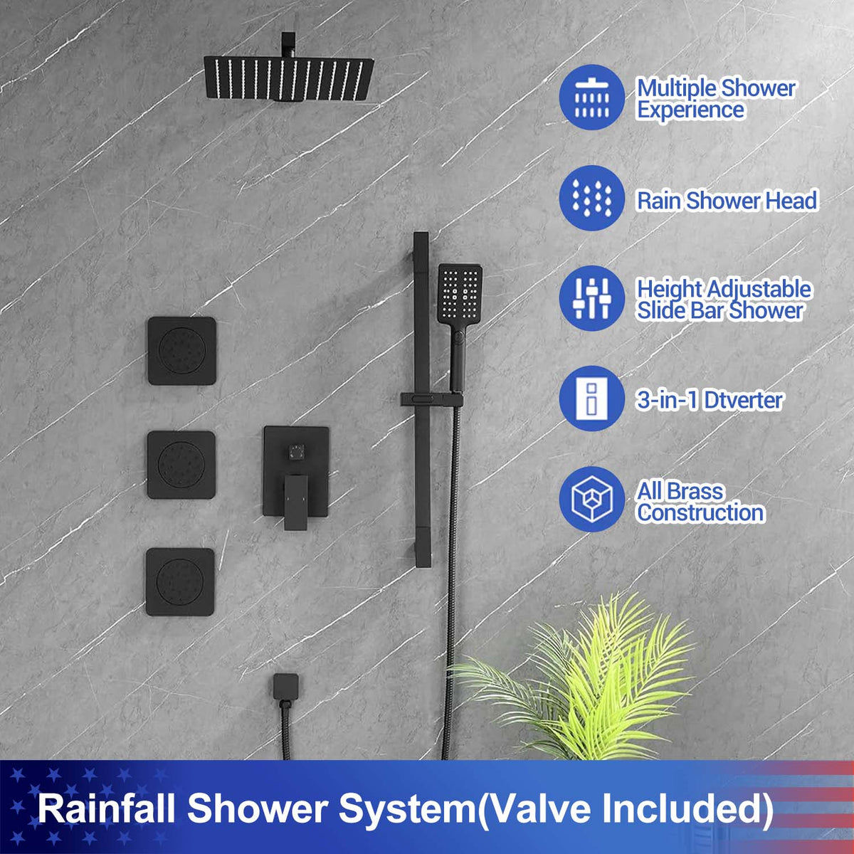 RAINLEX Wall-Mounted Rain Shower System with SUS304 Shower Head, Hand Shower, Slide Bar