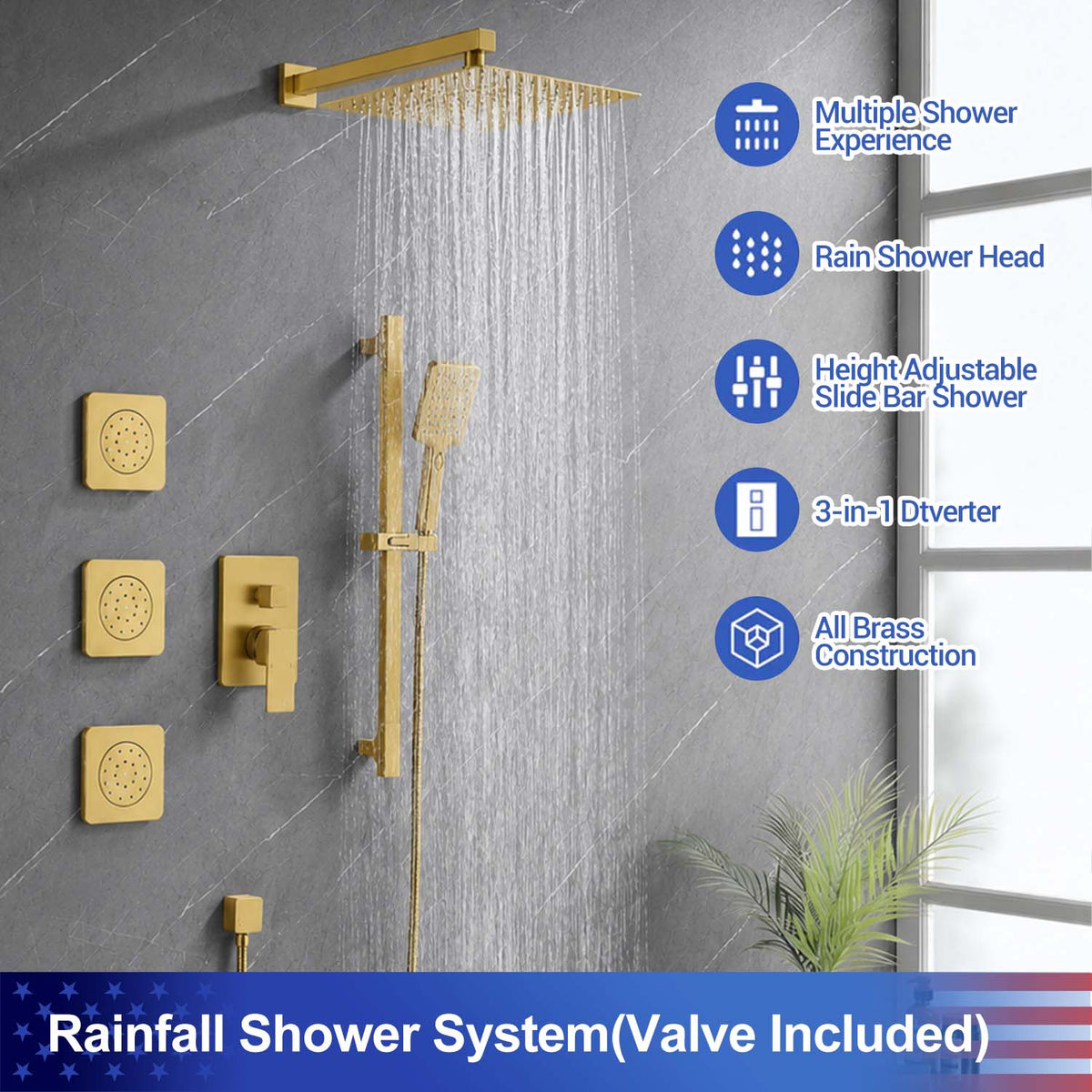 RAINLEX Wall-Mounted Rain Shower System with SUS304 Shower Head, Hand Shower, Slide Bar