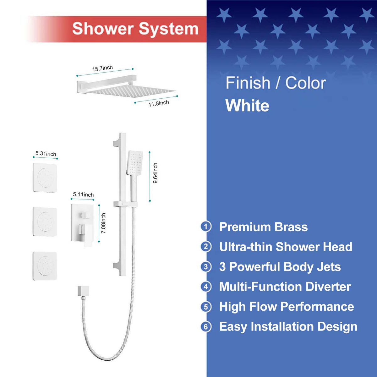 RAINLEX Wall-Mounted Rain Shower System with SUS304 Shower Head, Hand Shower, Slide Bar