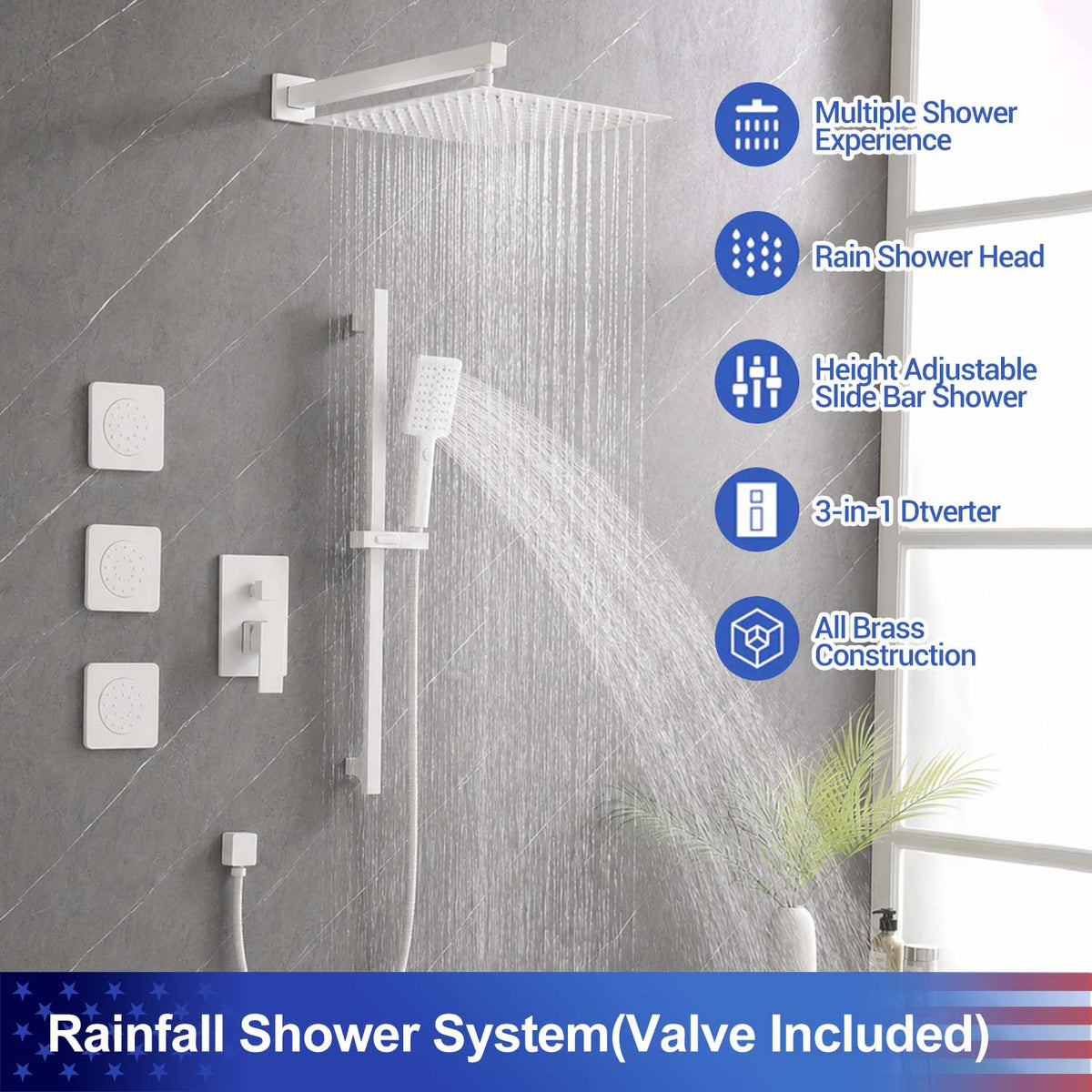 RAINLEX Wall-Mounted Rain Shower System with SUS304 Shower Head, Hand Shower, Slide Bar