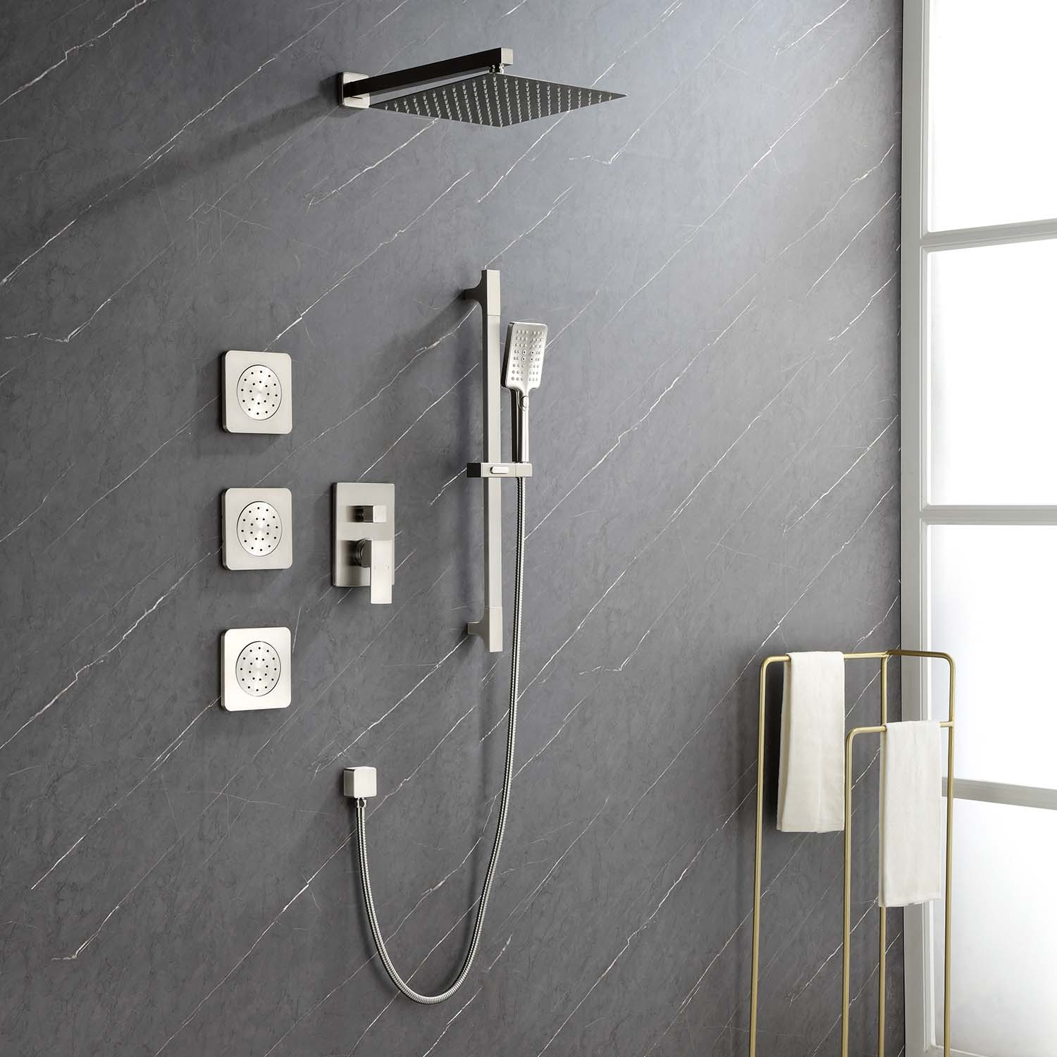 Wall-Mounted Rain Shower System with SUS304 Shower Head, Hand Shower, Slide Bar, Body Sprays, Pressure-Balancing Valve and 59 in. Hose