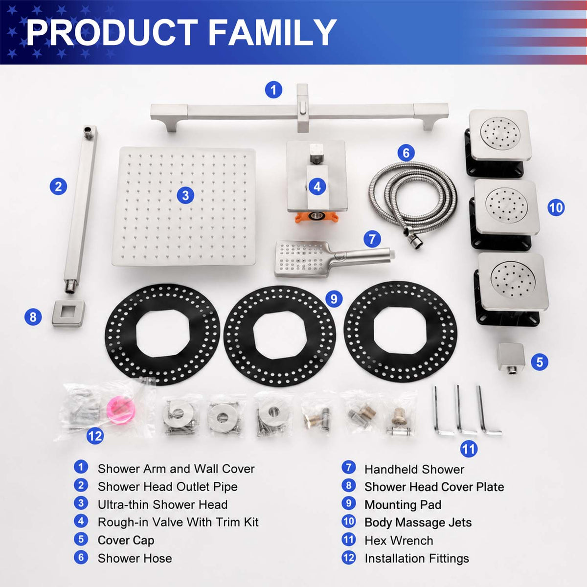 RAINLEX Wall-Mounted Rain Shower System with SUS304 Shower Head, Hand Shower, Slide Bar