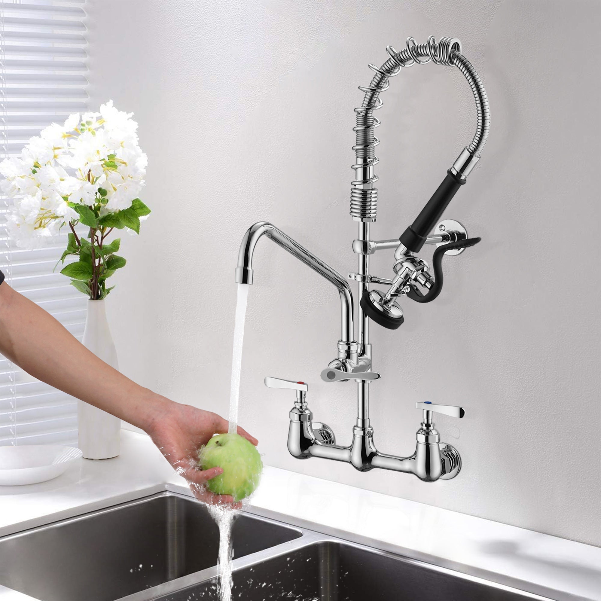 25" Commercial Kitchen Faucet with Pre-Rinse Sprayer