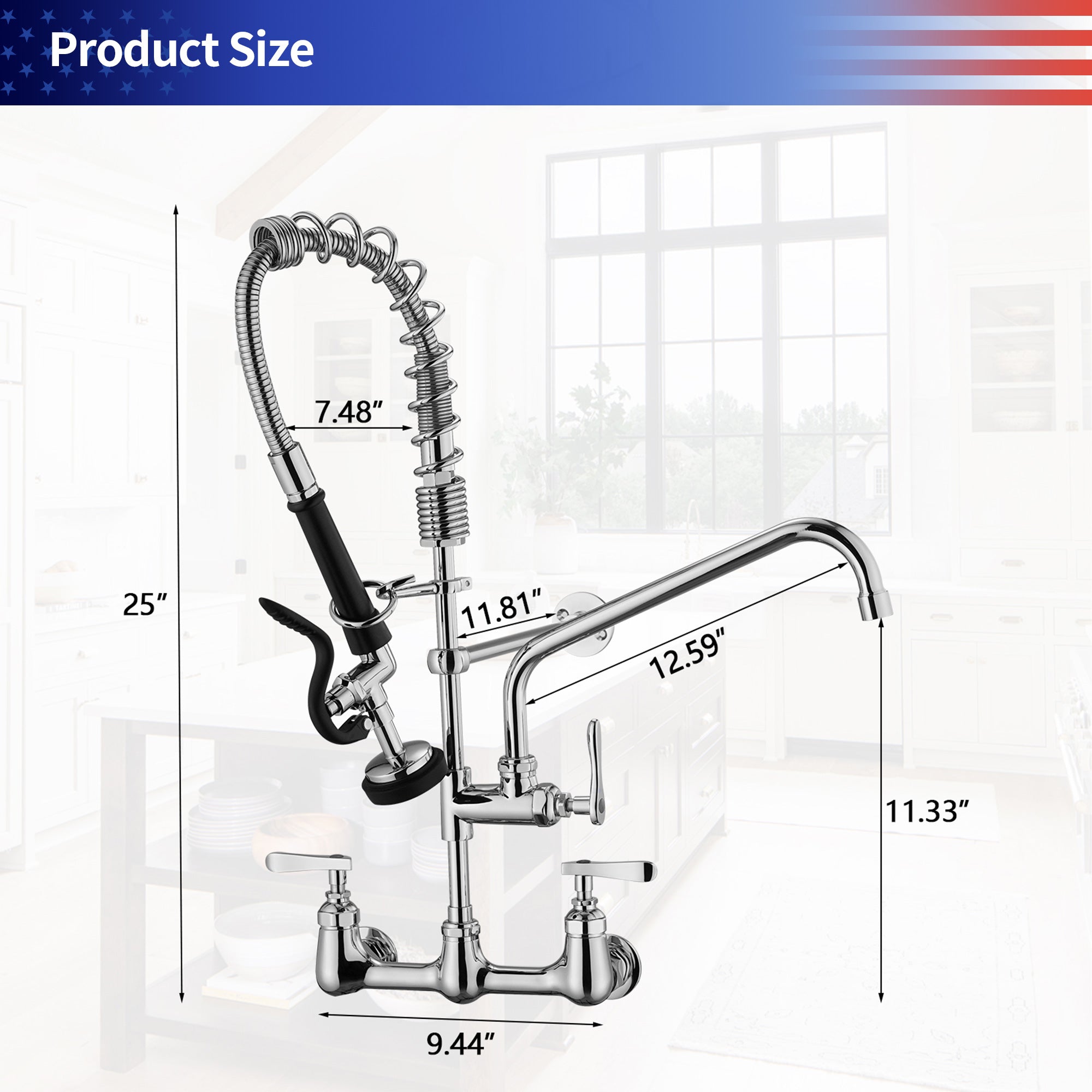25" Commercial Kitchen Faucet with Pre-Rinse Sprayer
