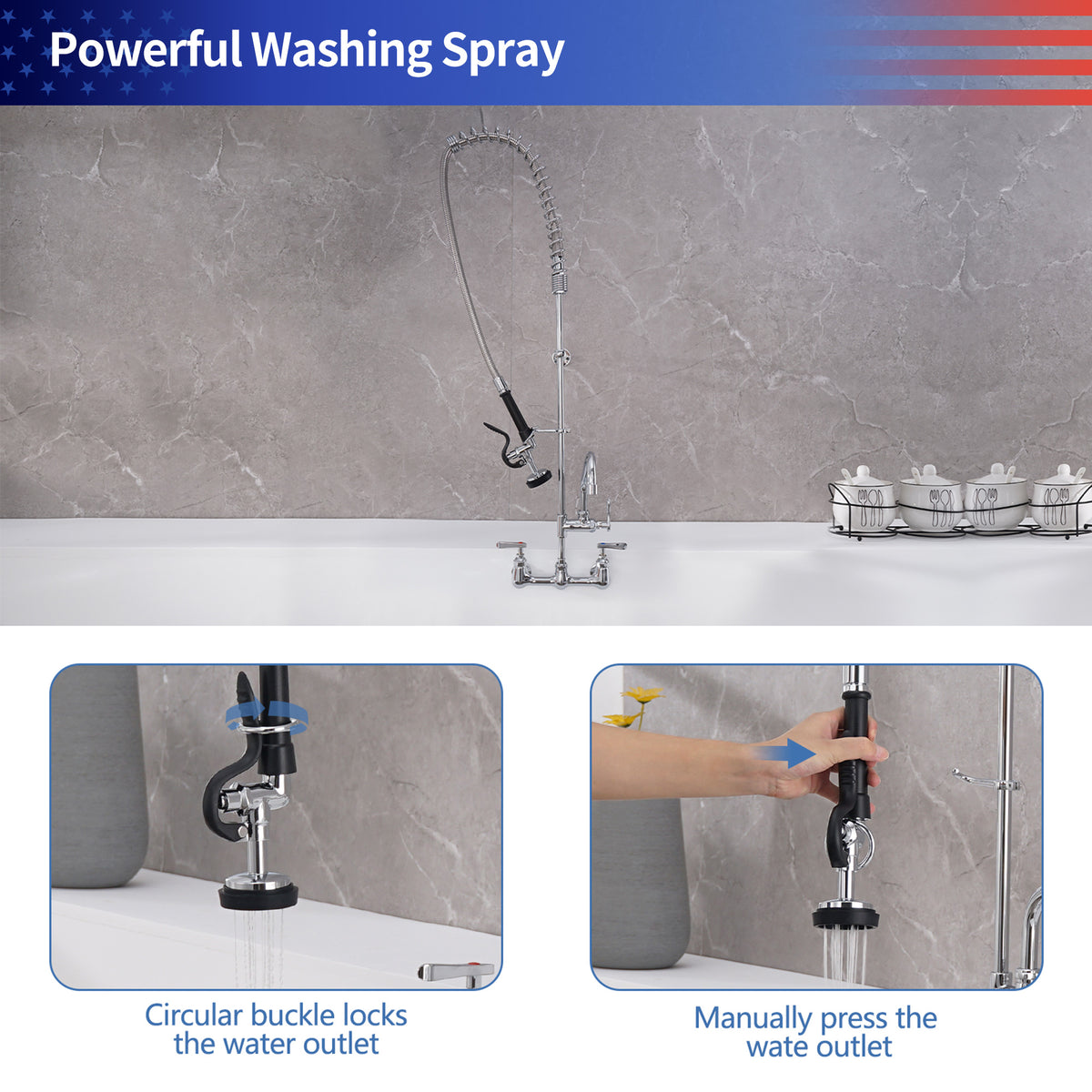 RAINLEX 47" Commercial Kitchen Faucet with Pre-Rinse Sprayer