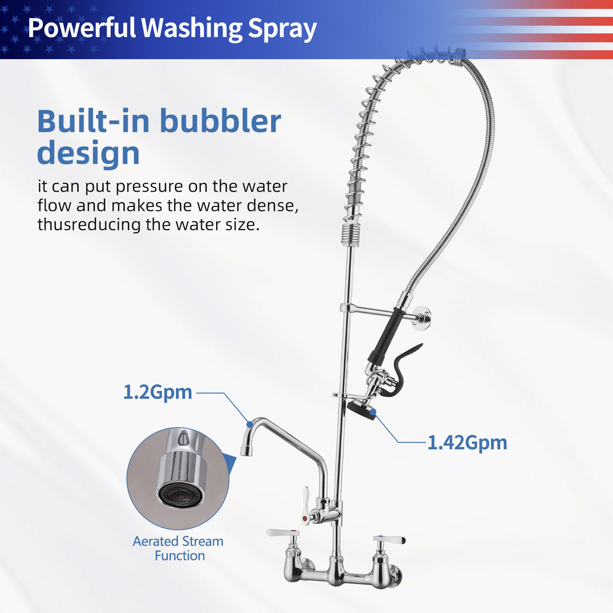 RAINLEX 47" Commercial Kitchen Faucet with Pre-Rinse Sprayer