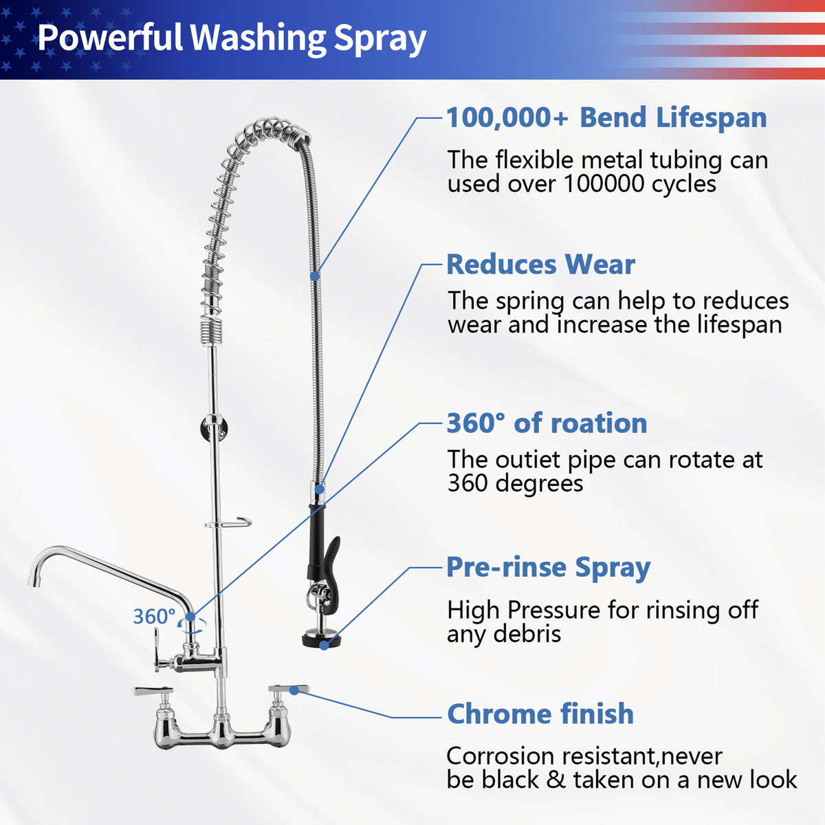 RAINLEX 47" Commercial Kitchen Faucet with Pre-Rinse Sprayer