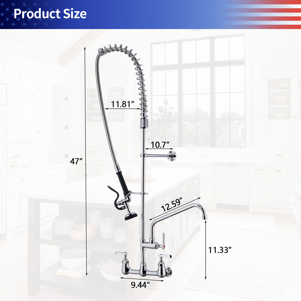 RAINLEX 47" Commercial Kitchen Faucet with Pre-Rinse Sprayer