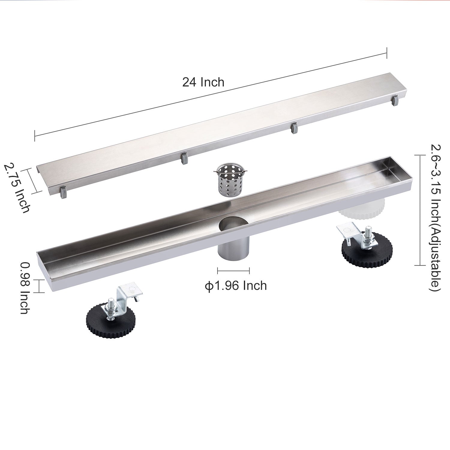 24" Linear Grid Shower Drain, Chrome