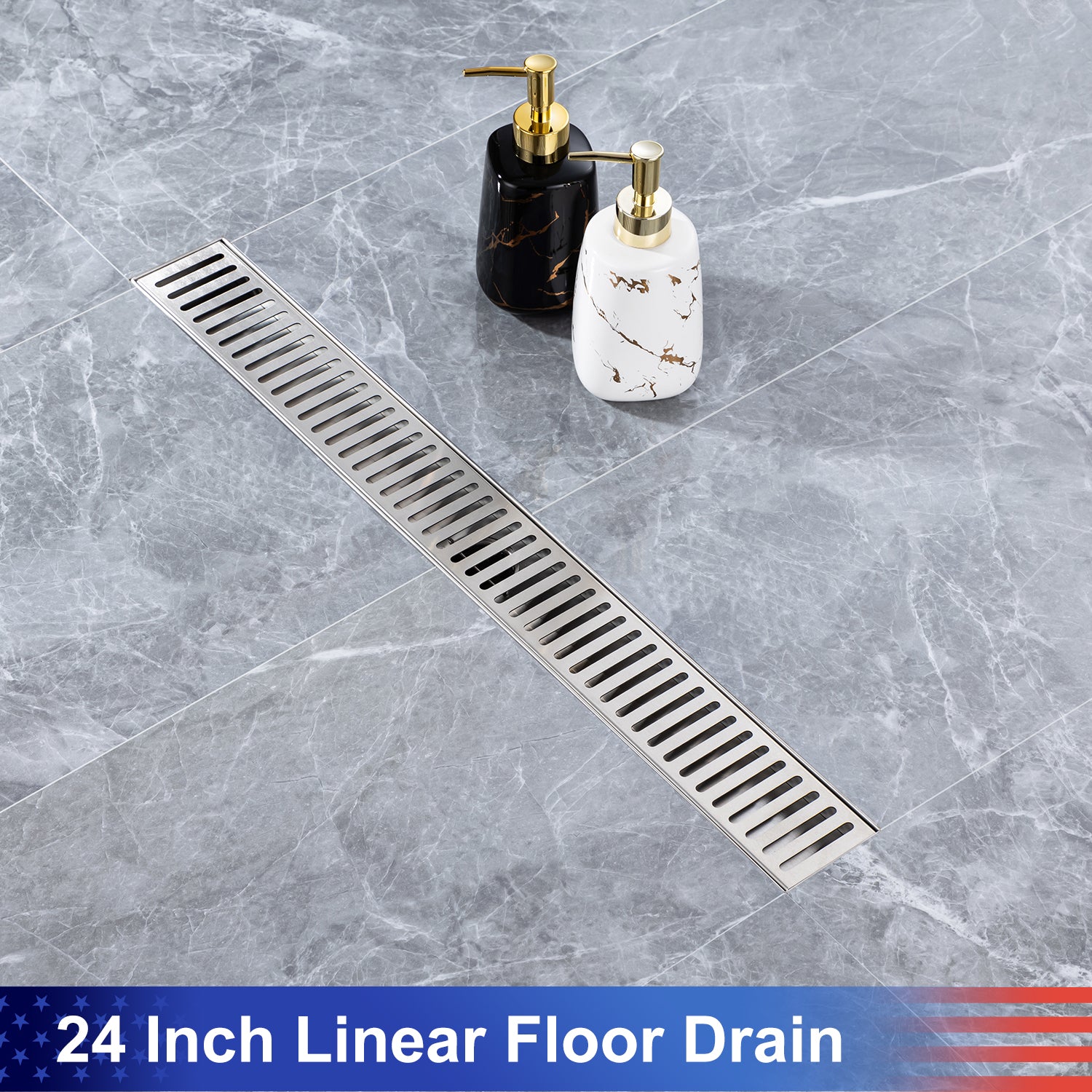 24" Linear Grid Shower Drain, Brushed Nickel